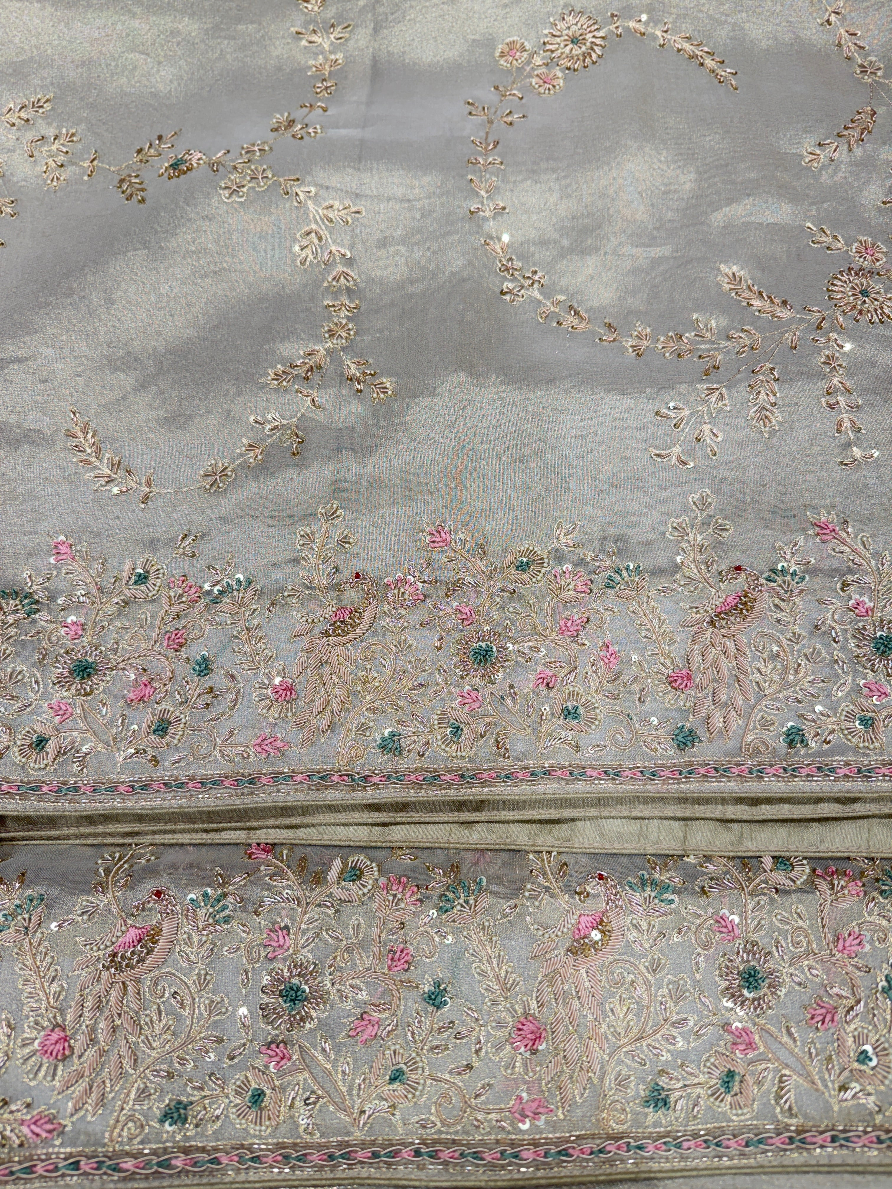 Silver Tissue Saree Zardosi Jaal Hand Embroidery Contrast Blouse