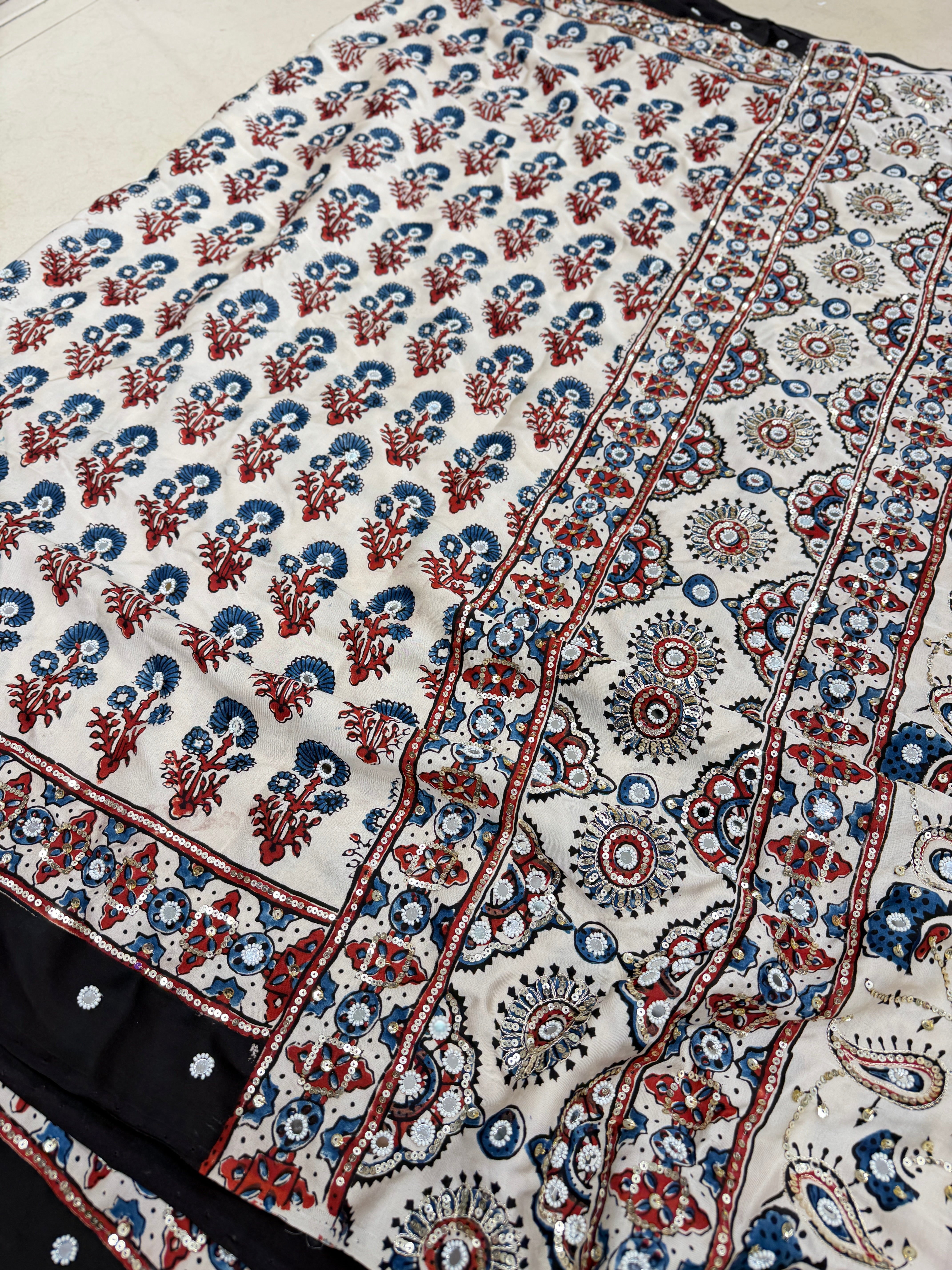 White Ajrakh Real Mirror Moti Sequin Hand Embroidery Saree