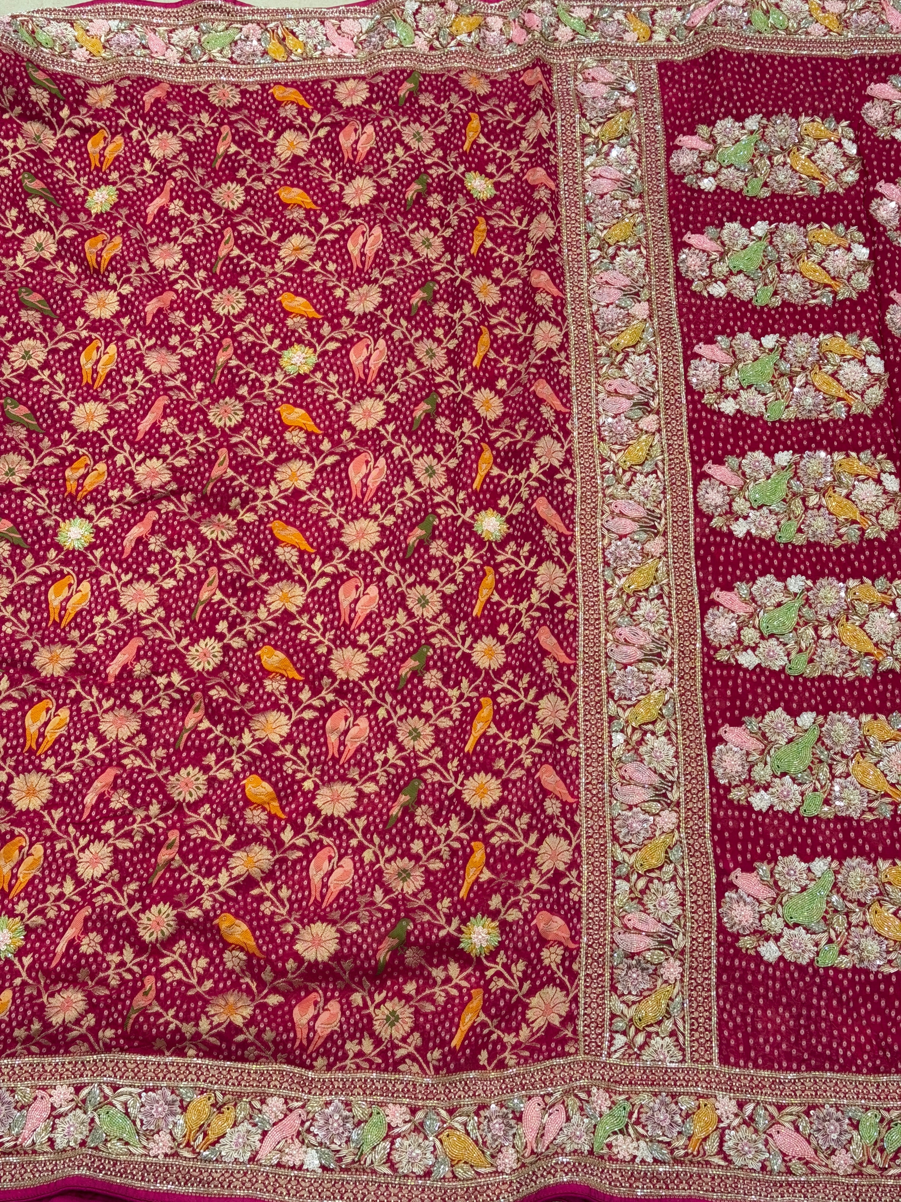 Rani Pink Weaved Bandhej Parrot Motifs Georgette Moti Zardodi Hand Embroidery Saree