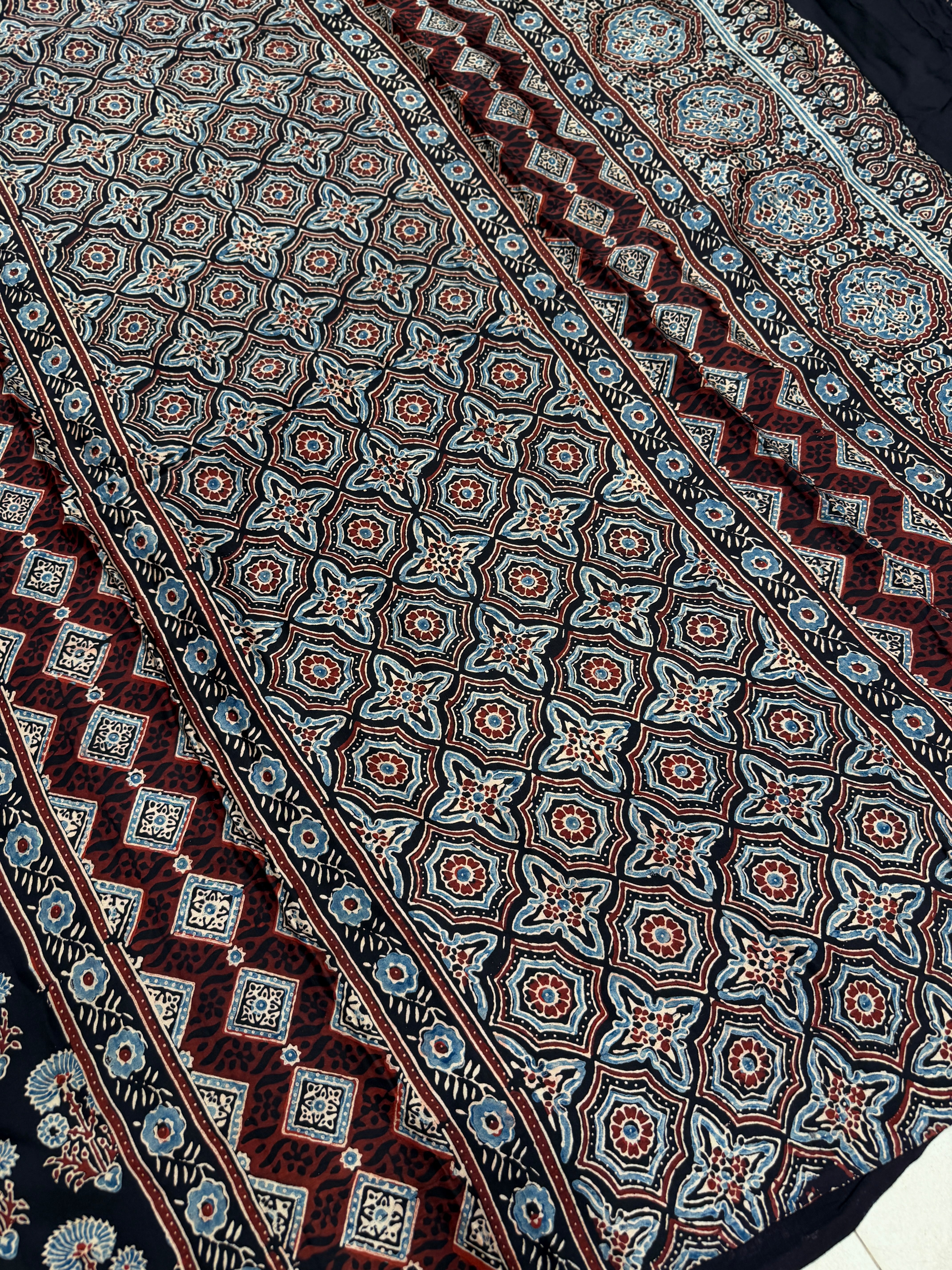 Black Butta Ajrakh Hand Block Print Pure Gajji Silk Saree
