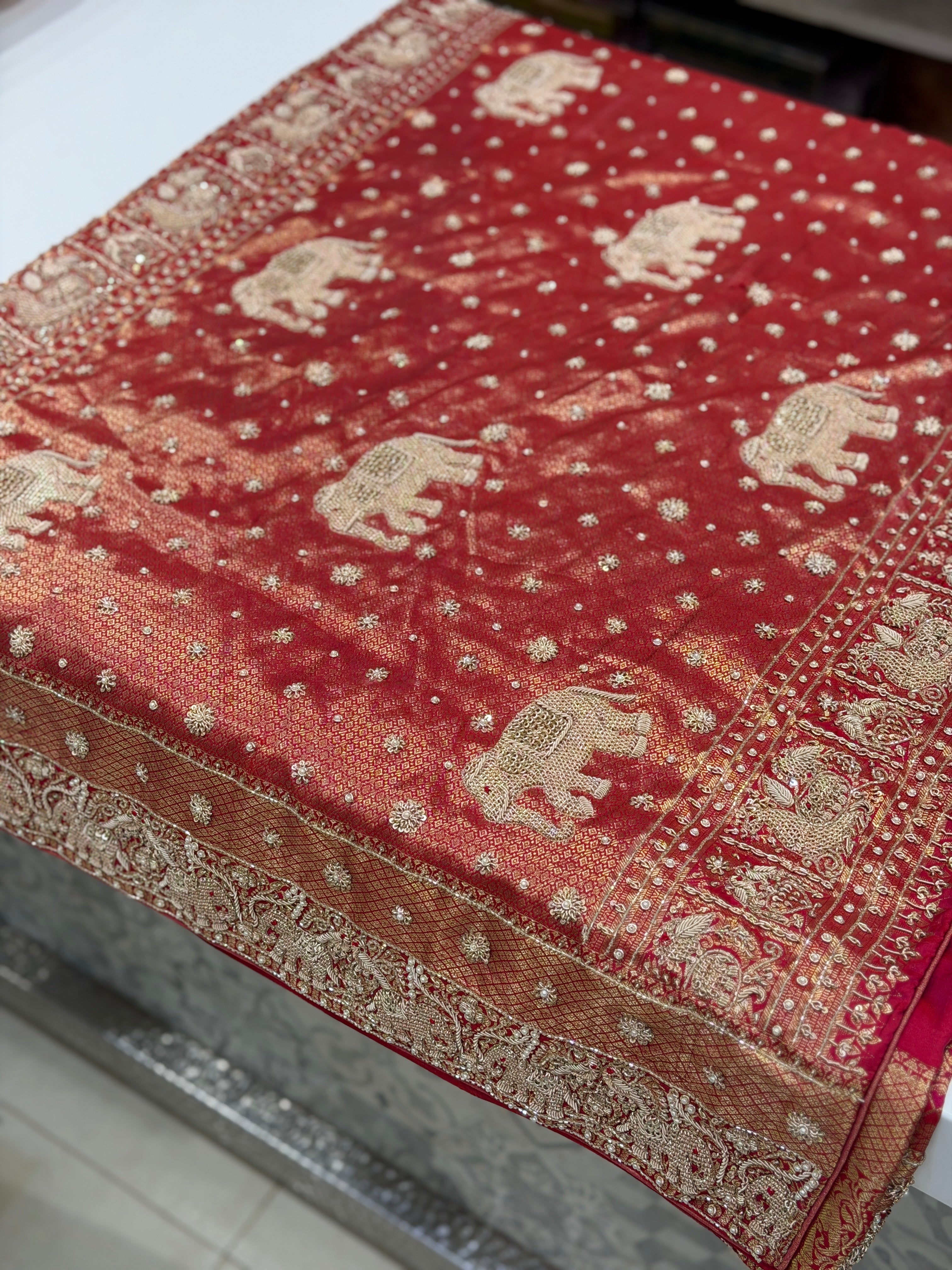 Crimson Kanjivaram Elephant Motifs Zardosi Hand Embroidery Saree