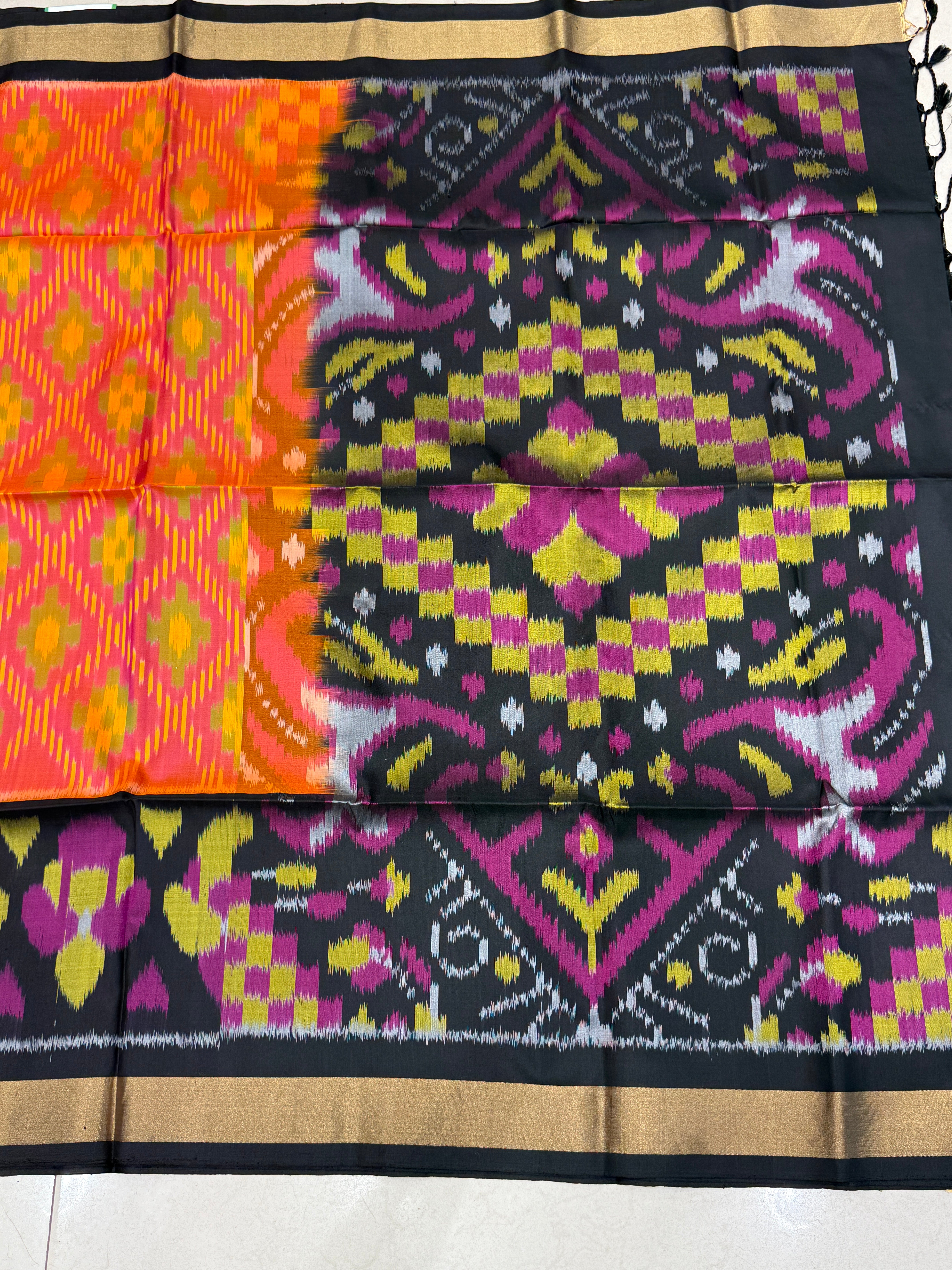 Orange Black Pochampally Ikat Patola Saree