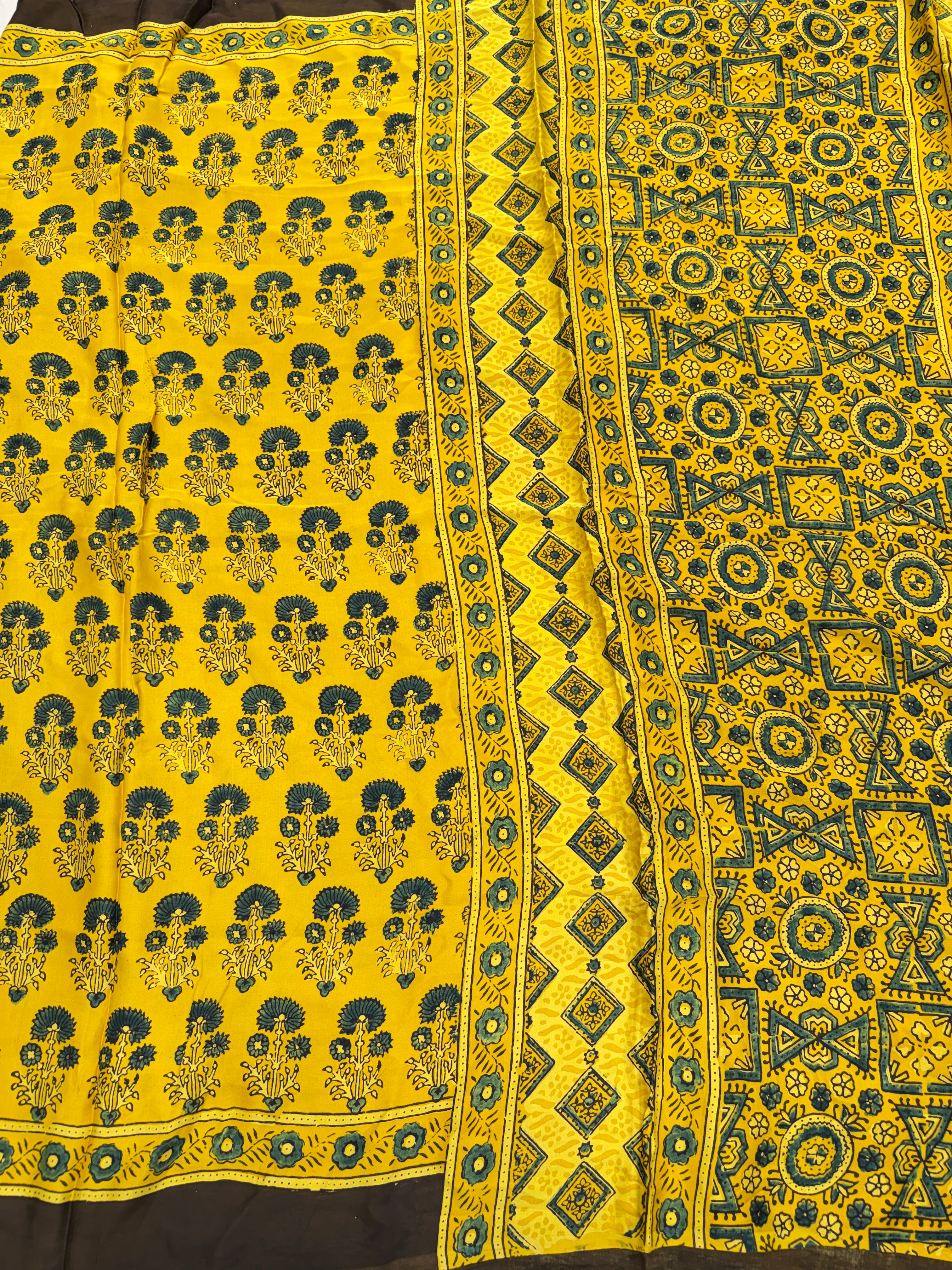 Yellow Floral Butta Ajrakh Hand Block Print Pure Gajji Silk Saree