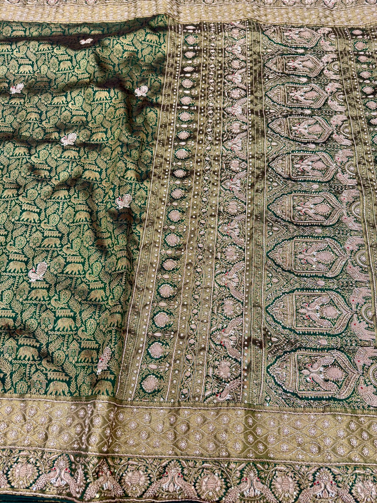 Bottle Green Kanjivaram Peacock Motif Hand Embroidery Zardosi Saree