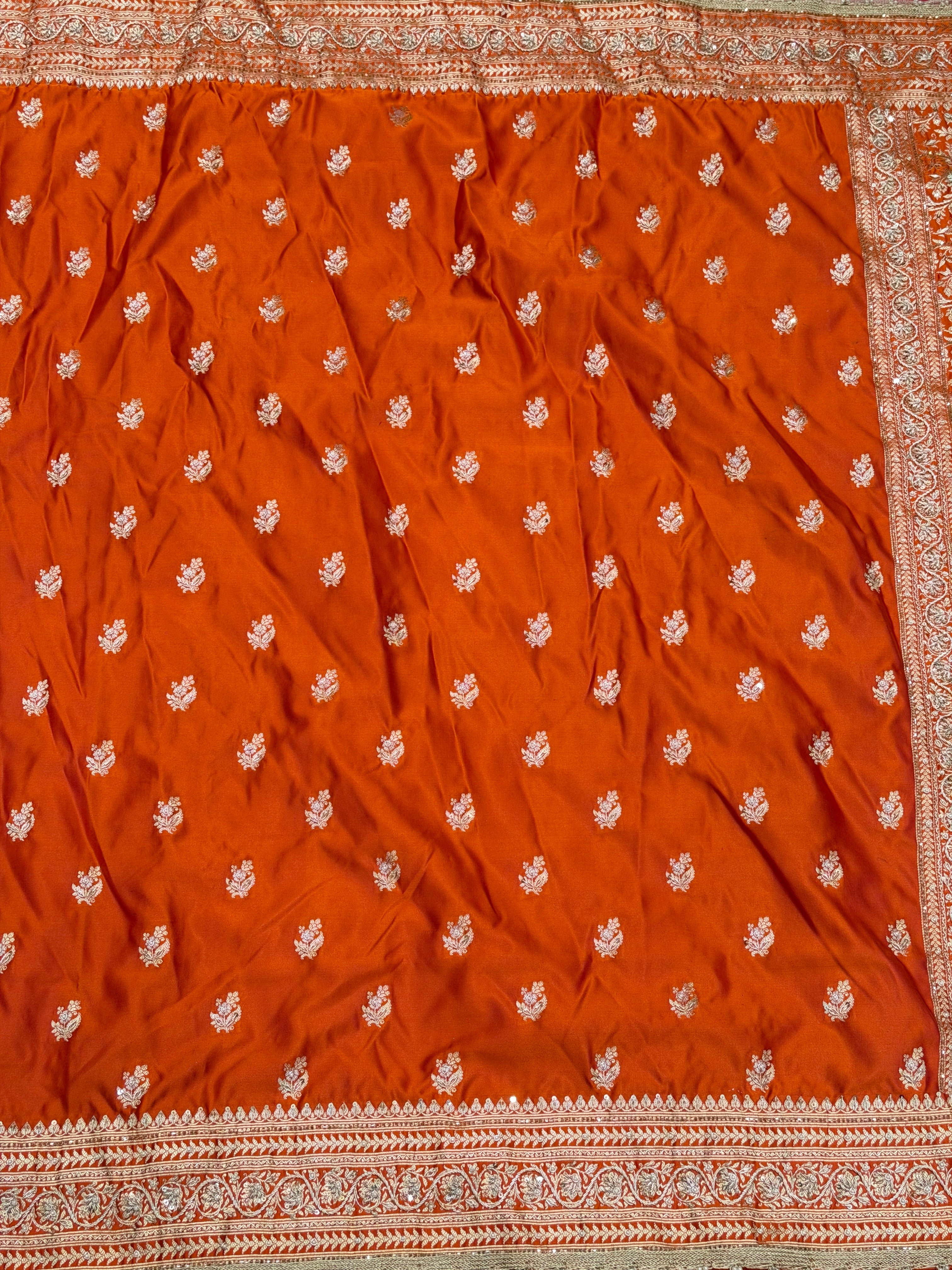 Rust Orange Banarasi Buttis Zardosi Hand Embroidery Saree