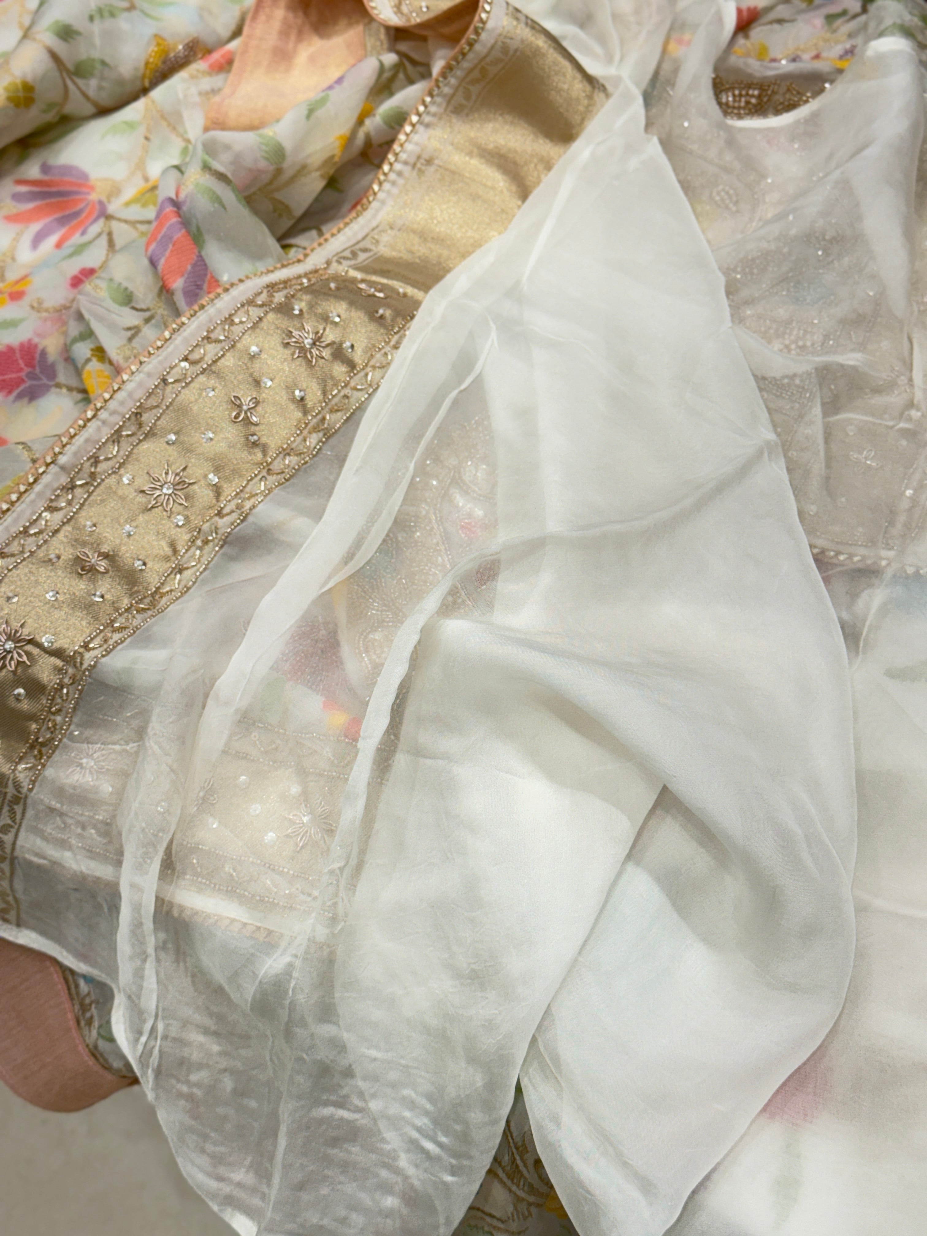 White Meenakari Banarasi Kora Sequin Zardosi Hand Embroidery Saree