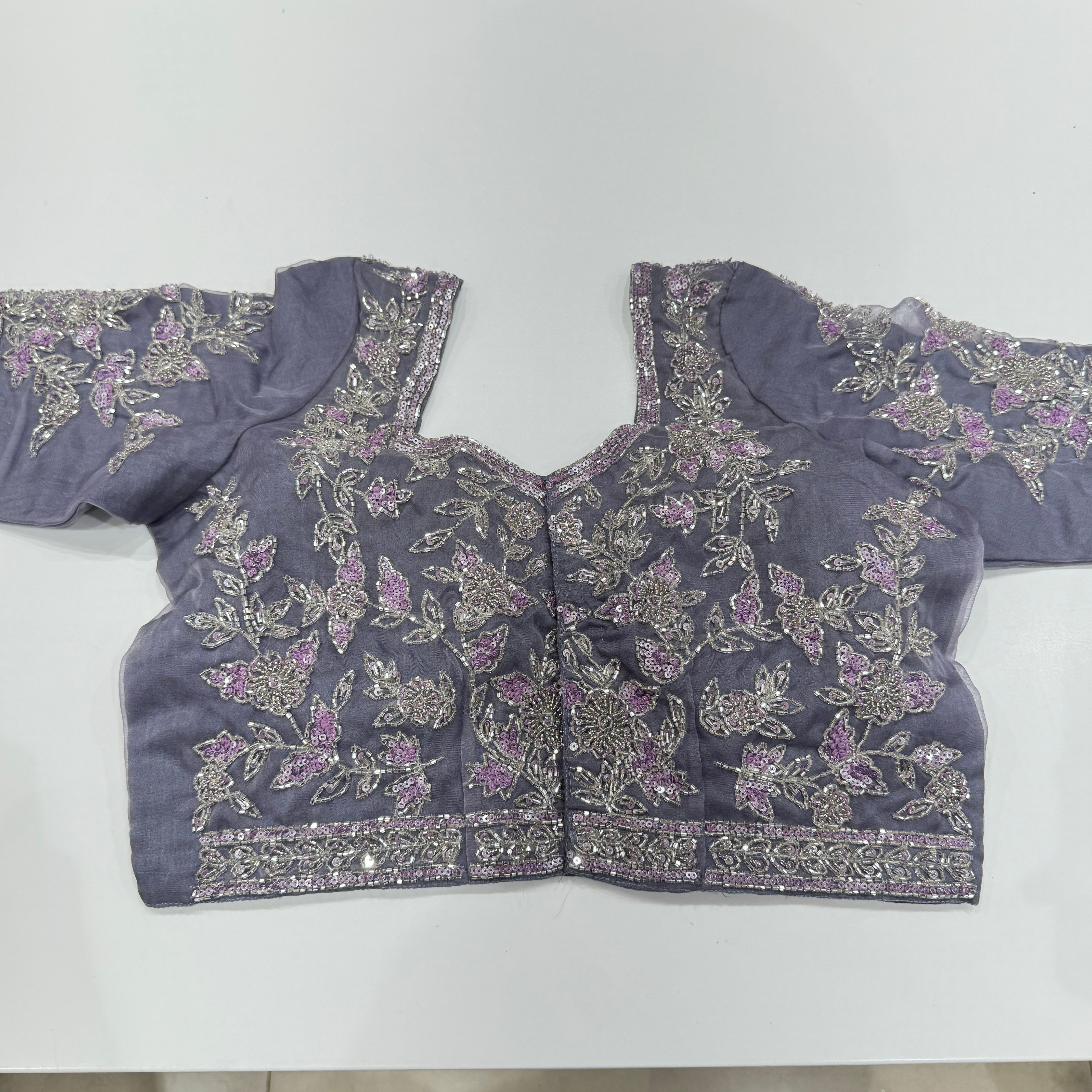 Dark Lilac Organza Hand Embroidered Ready Blouse