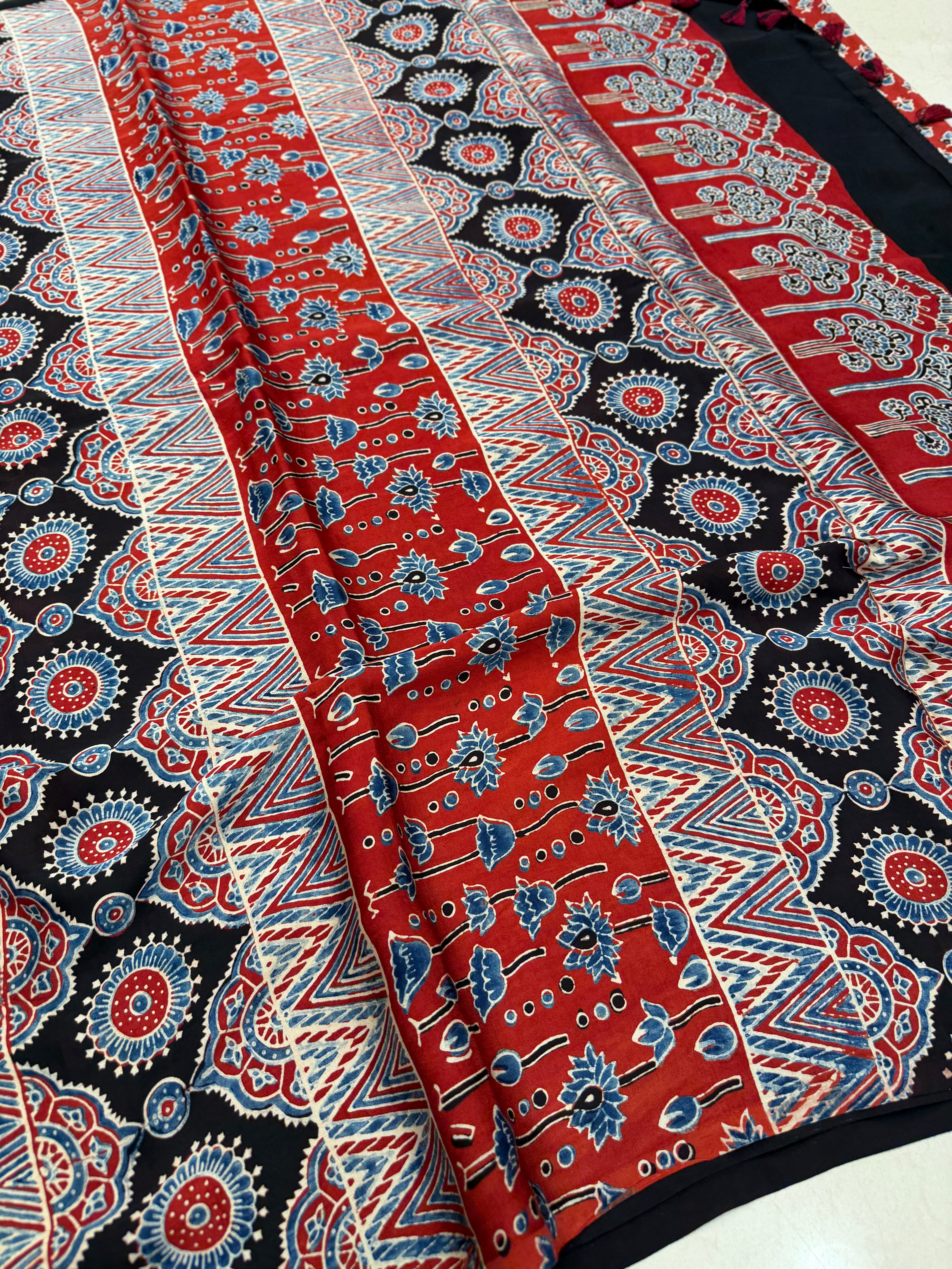 Red Bud Buttis Ajrakh Hand Block Print Pure Modal Silk Saree