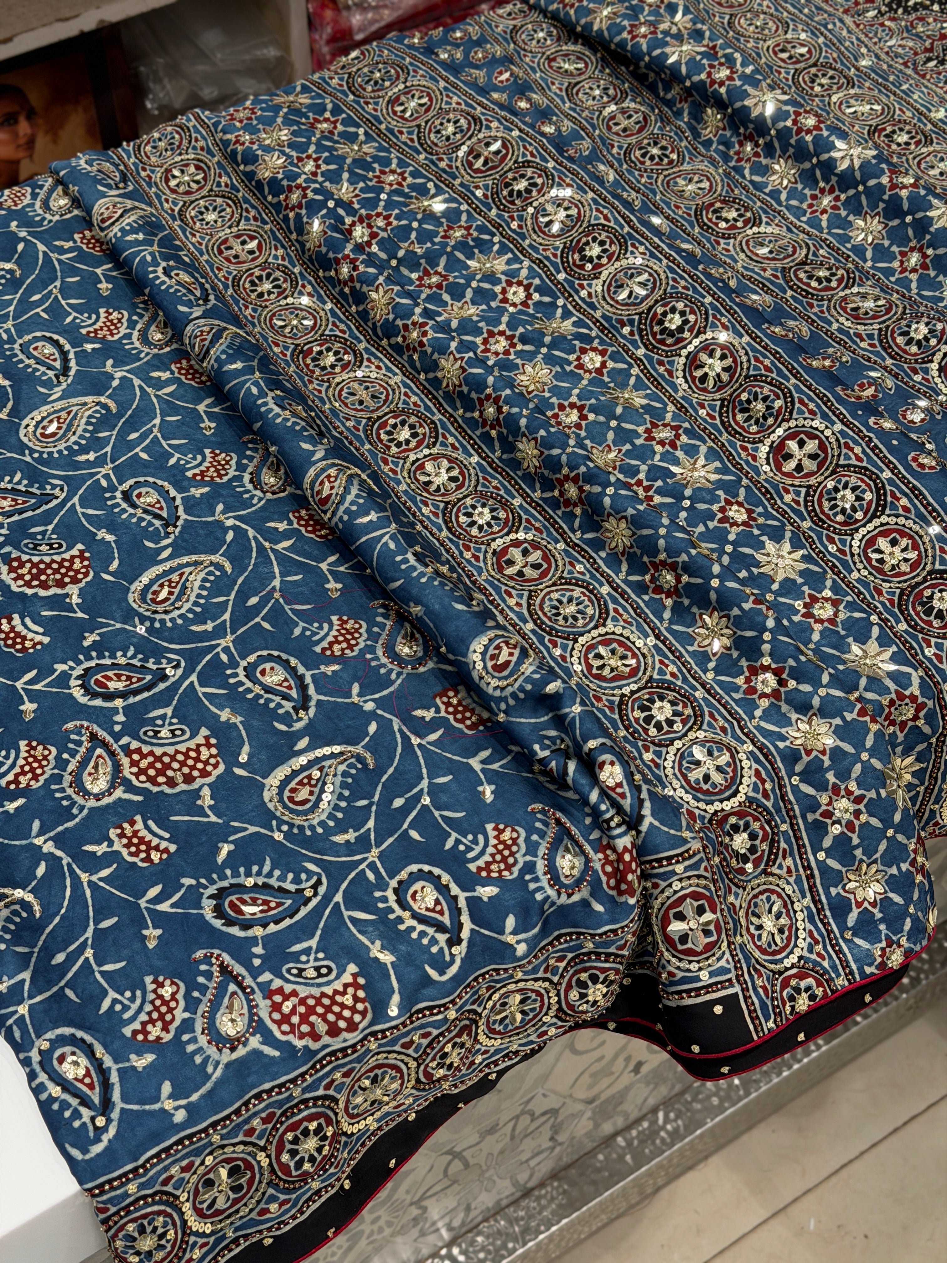 Blue Jaal Ajrakh Sequin Moti Hand Embroidery Saree