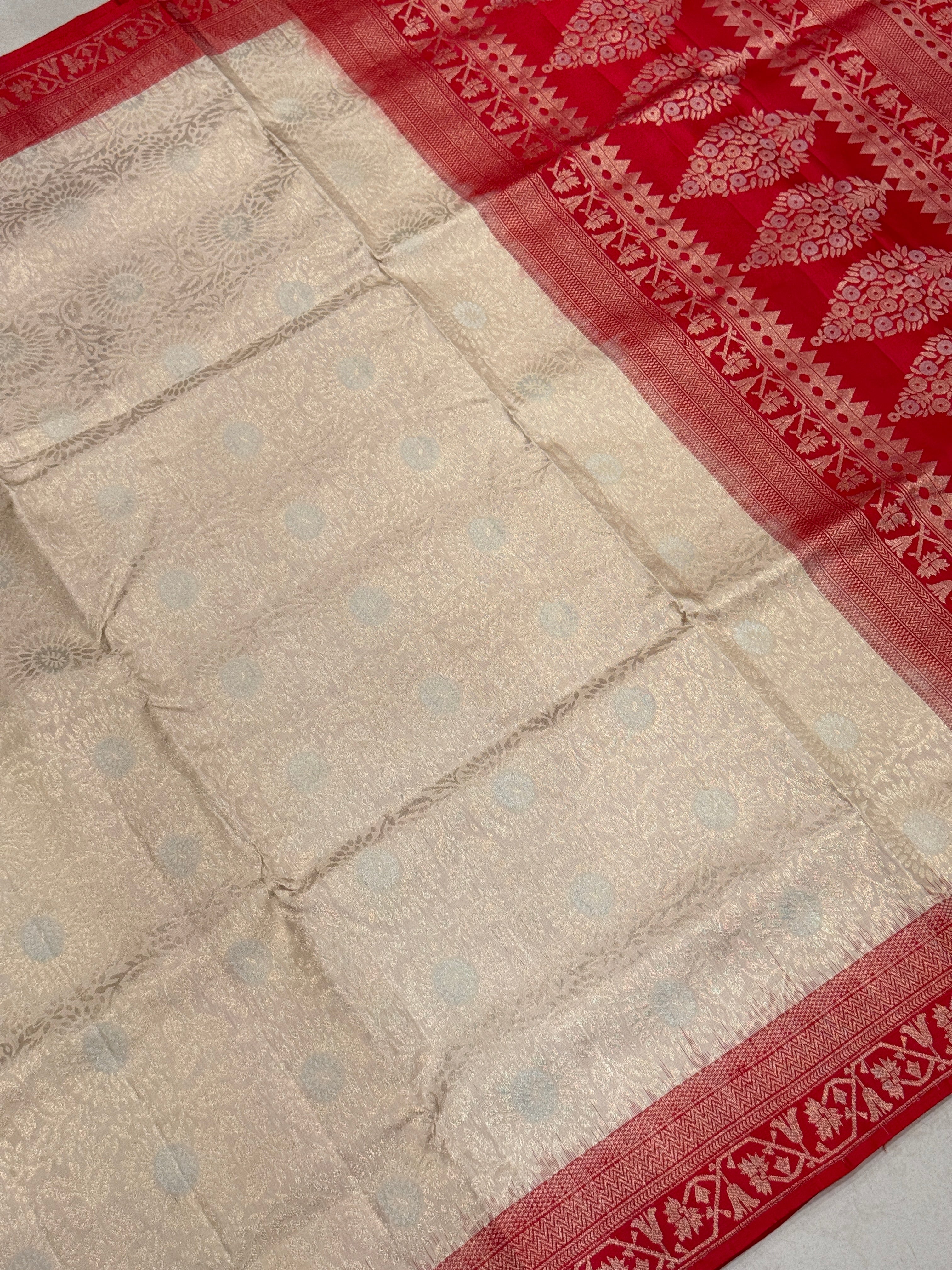 Beige Red Brocade Jaal Handloom Kanchipuram Pure Silk Saree