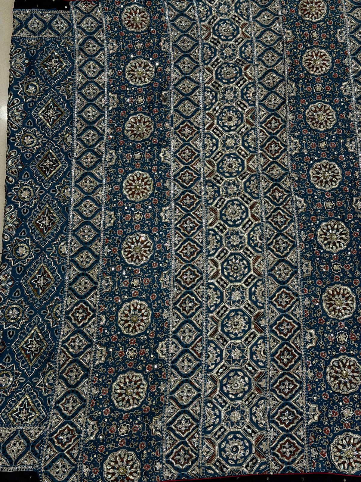 Blue Floral Jaal Pita Zardosi Sequin Ajrakh Hand Embroidery Saree