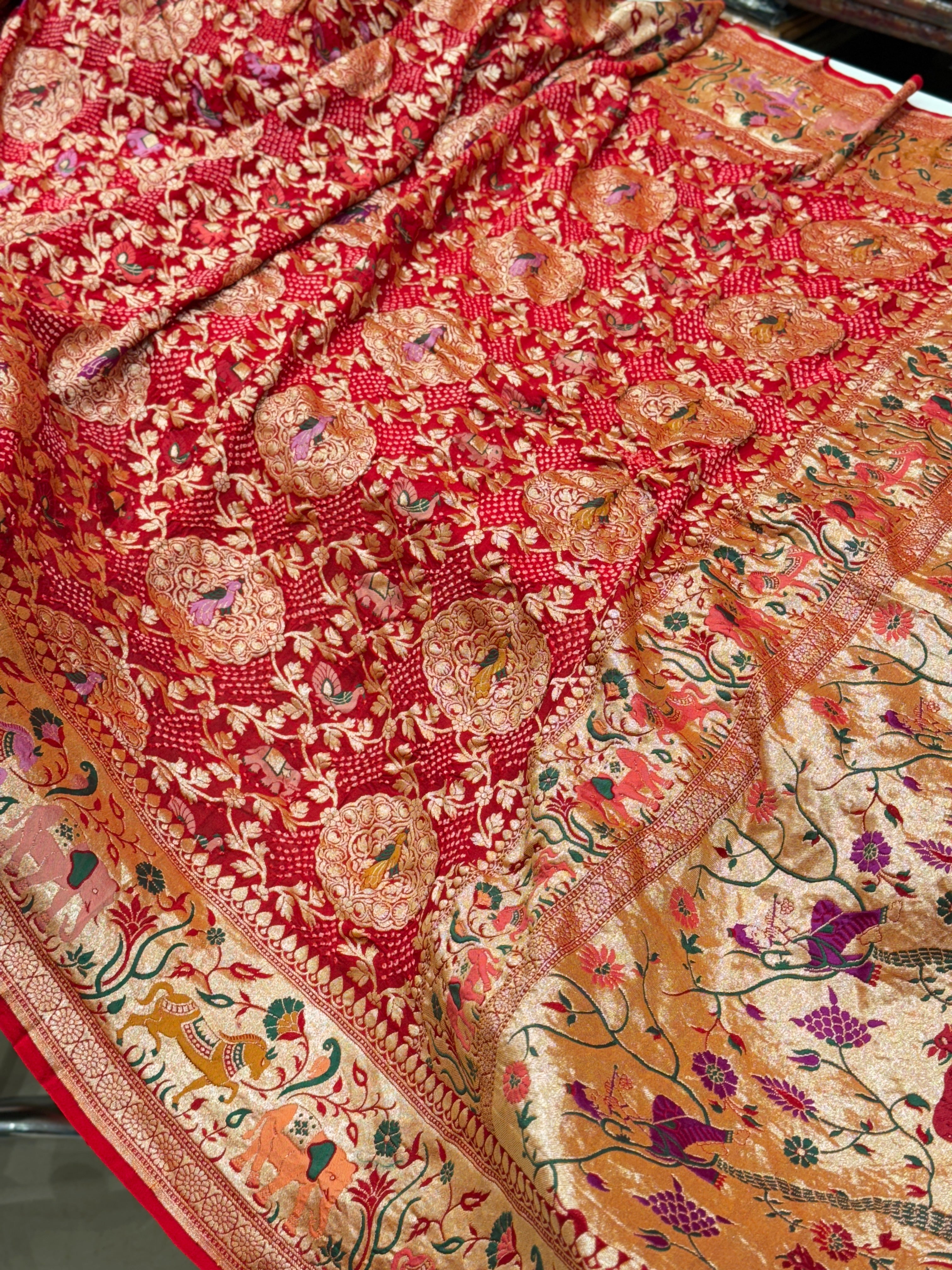 Red Luxury Bandhej Meekari Saree