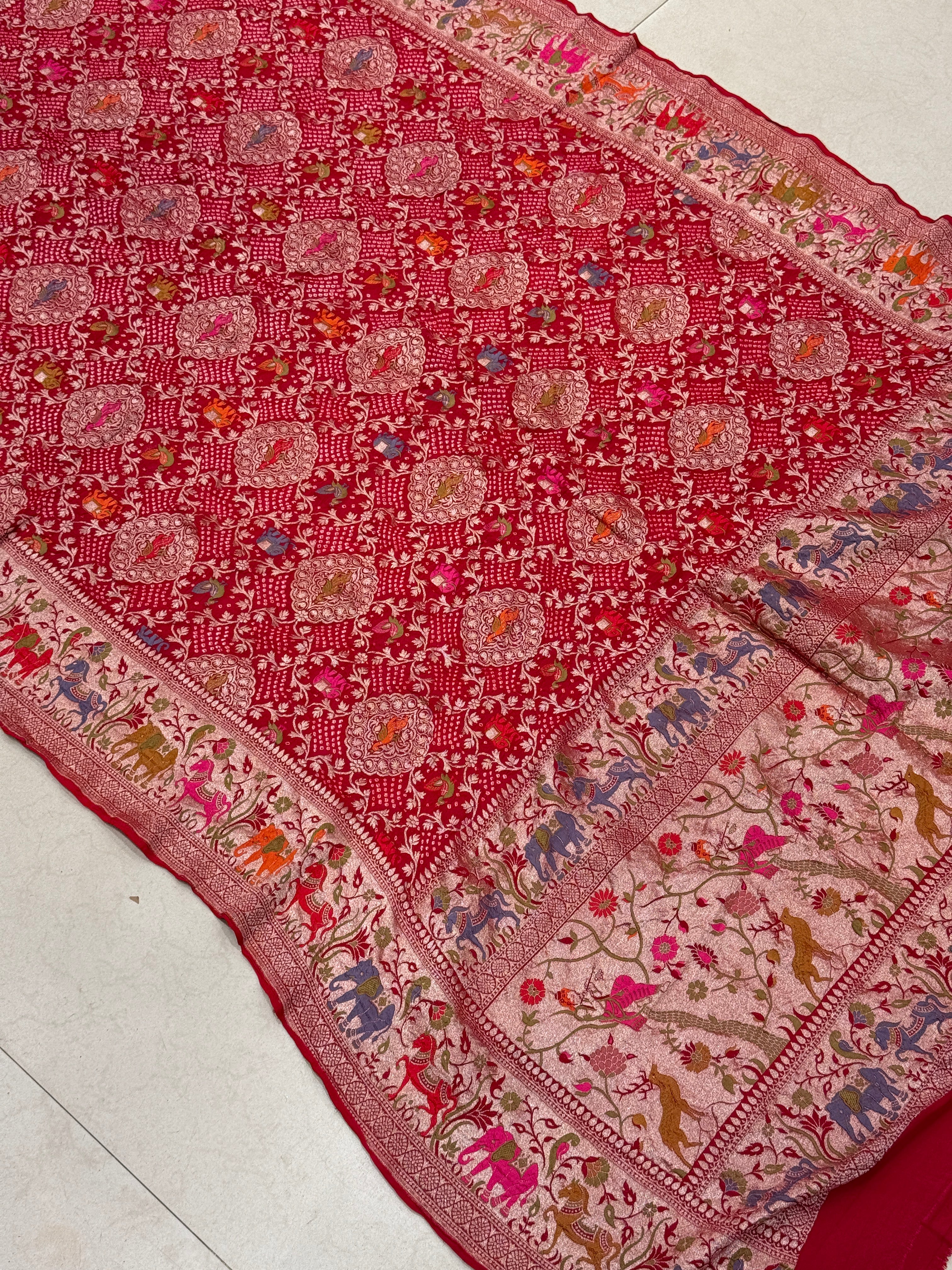 Red Shikargah Meenakari Rai Bandhej Georgette Dupatta
