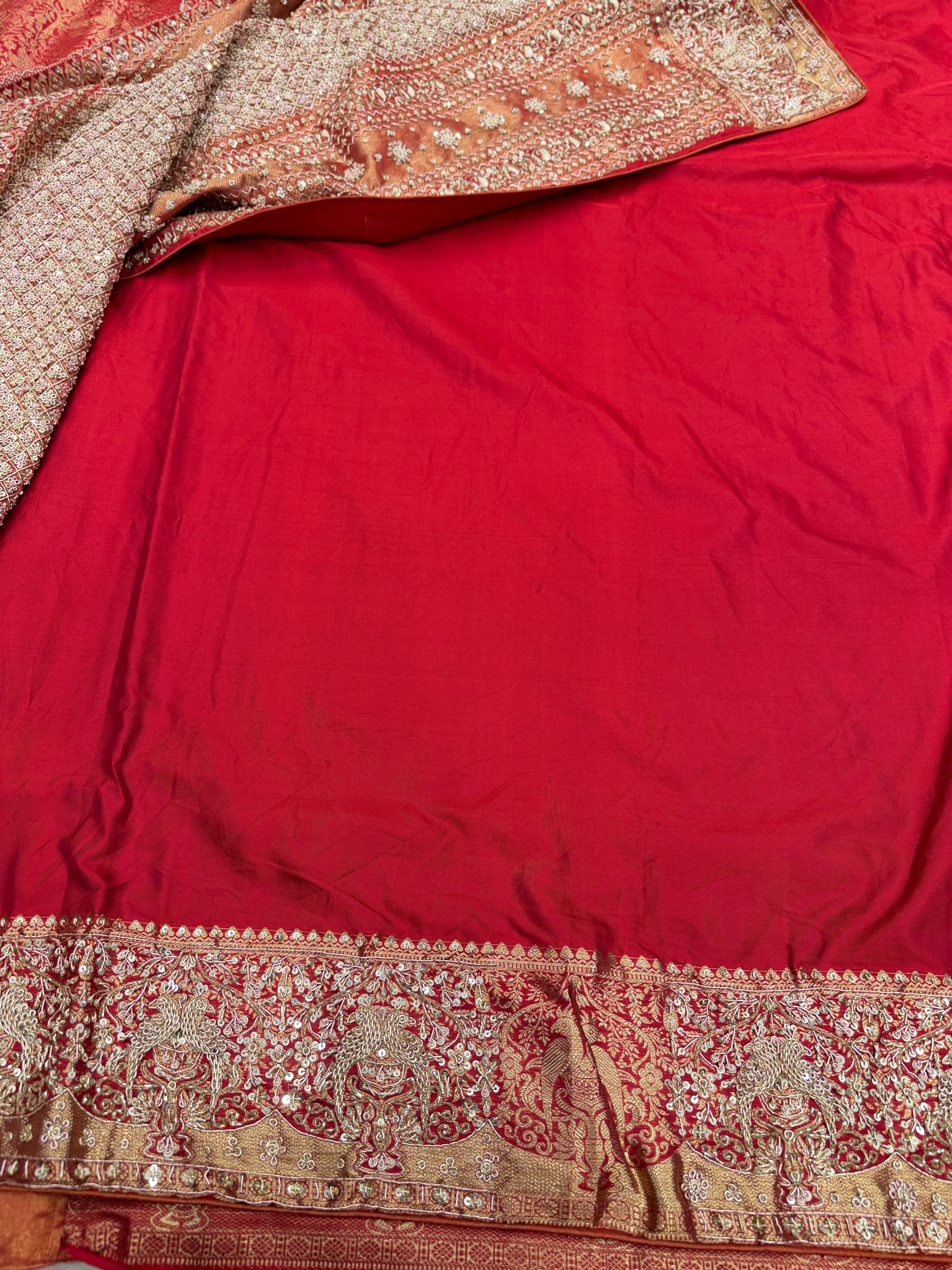 Red Kanjivaram Peacock Motif Hand Embroidery Zardosi Saree