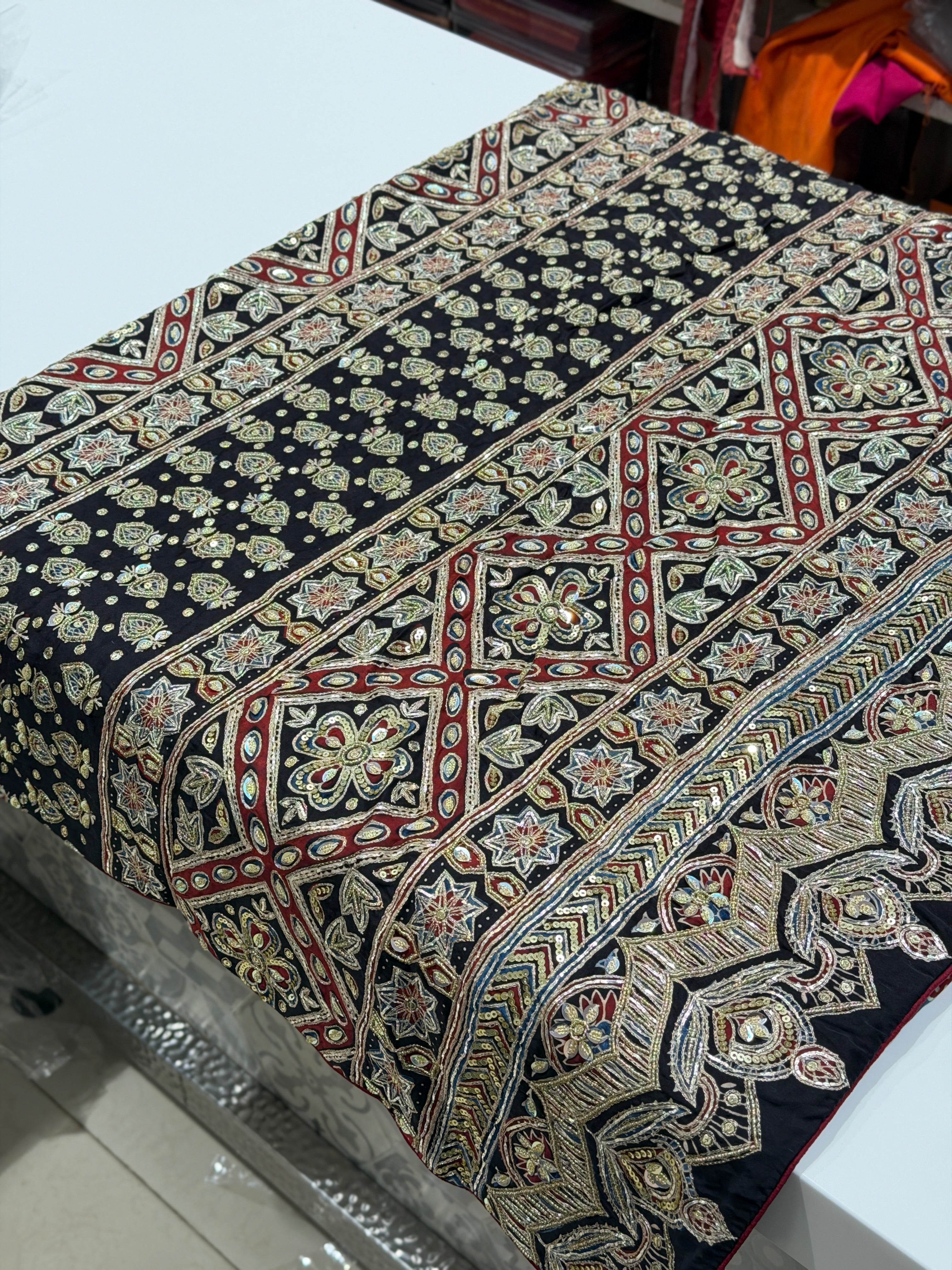 Blue Keri Jaal Pita Sequin Ajrakh Hand Embroidery Saree