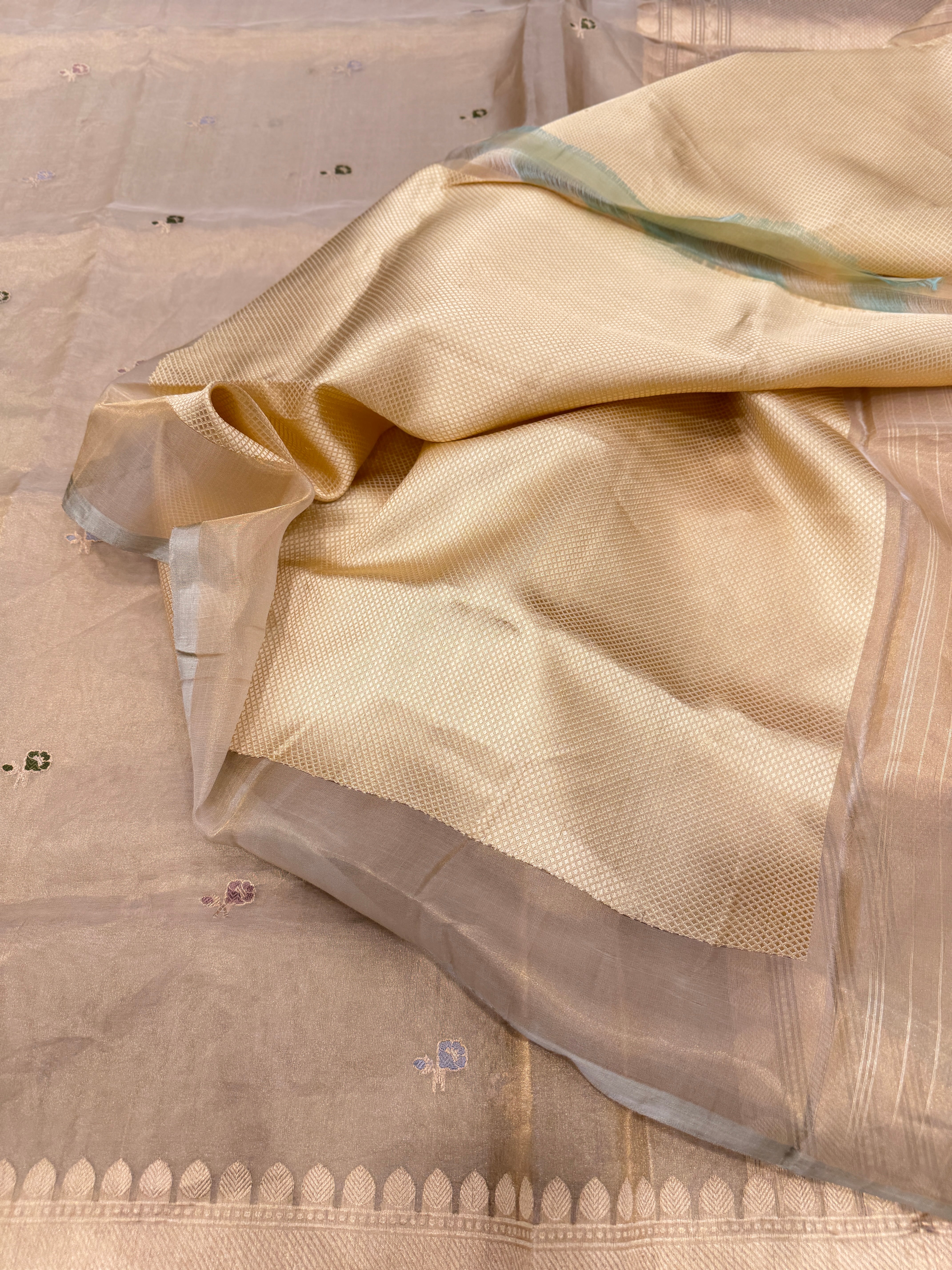 Beige Gold Tissue Banarasi Handloom Kadwa Buttis Saree