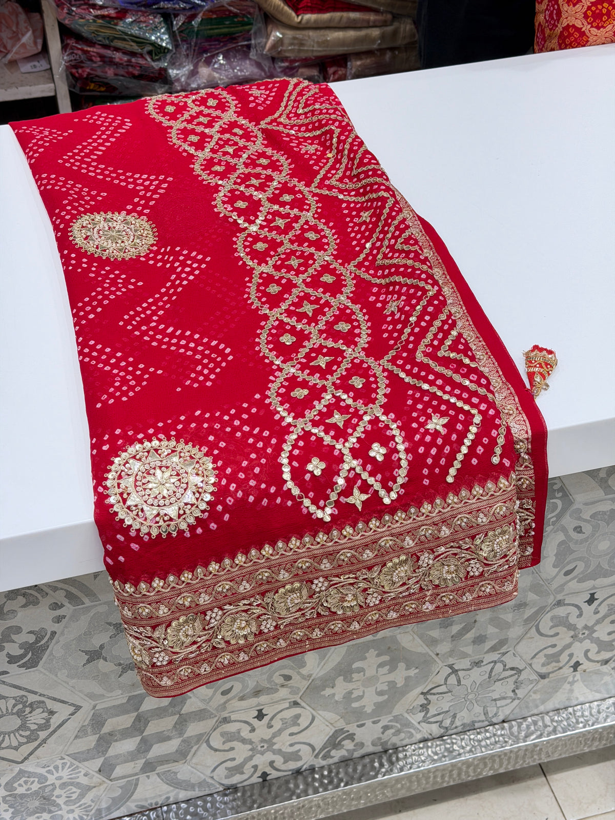 Red Rai Bandhej Georgette Saree Marodi Zardosi Hand Embroidery Saree