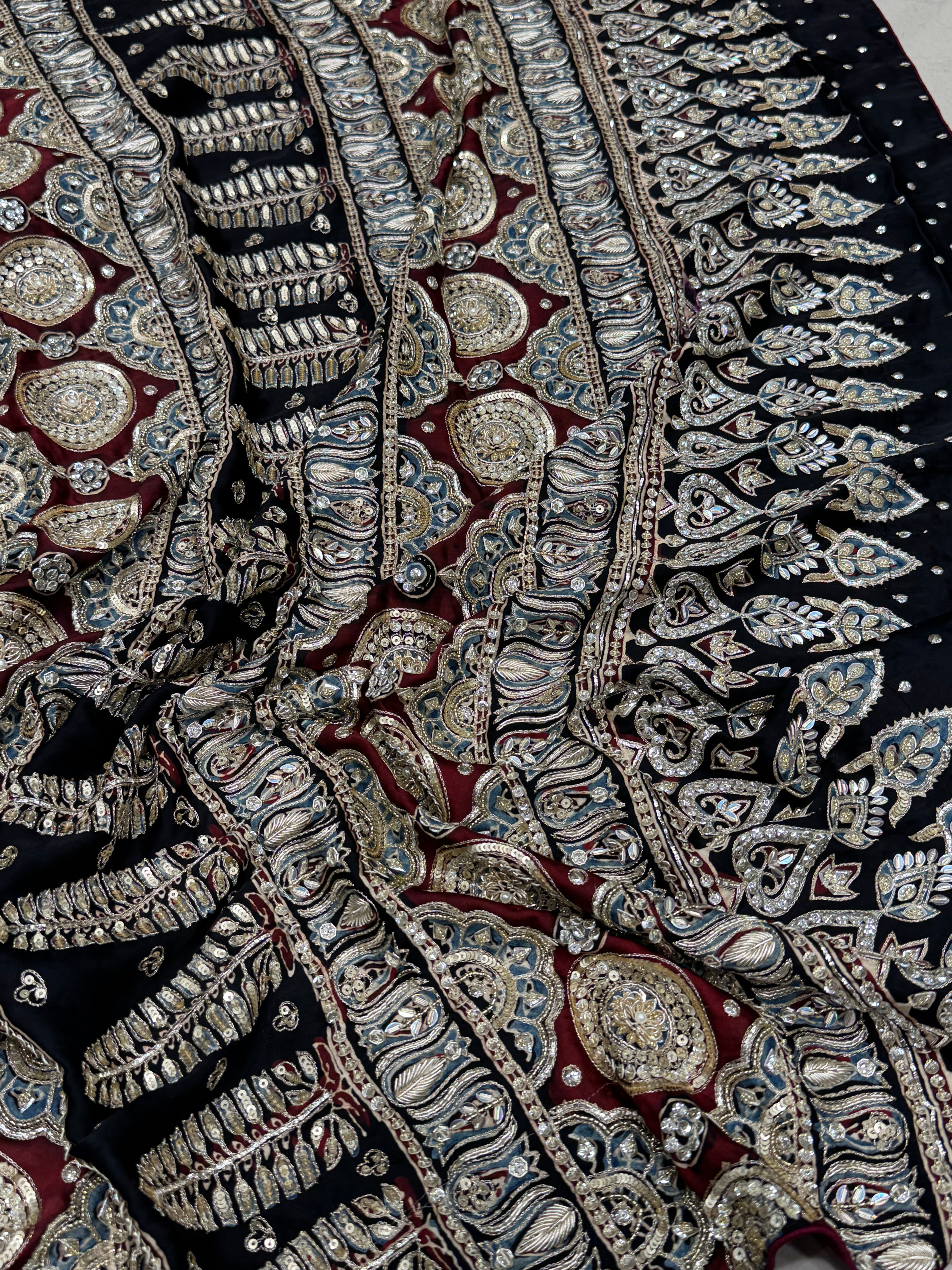 Ajrakh Black Badam Jaal Hand Embroidery Zardosi and Pita Work