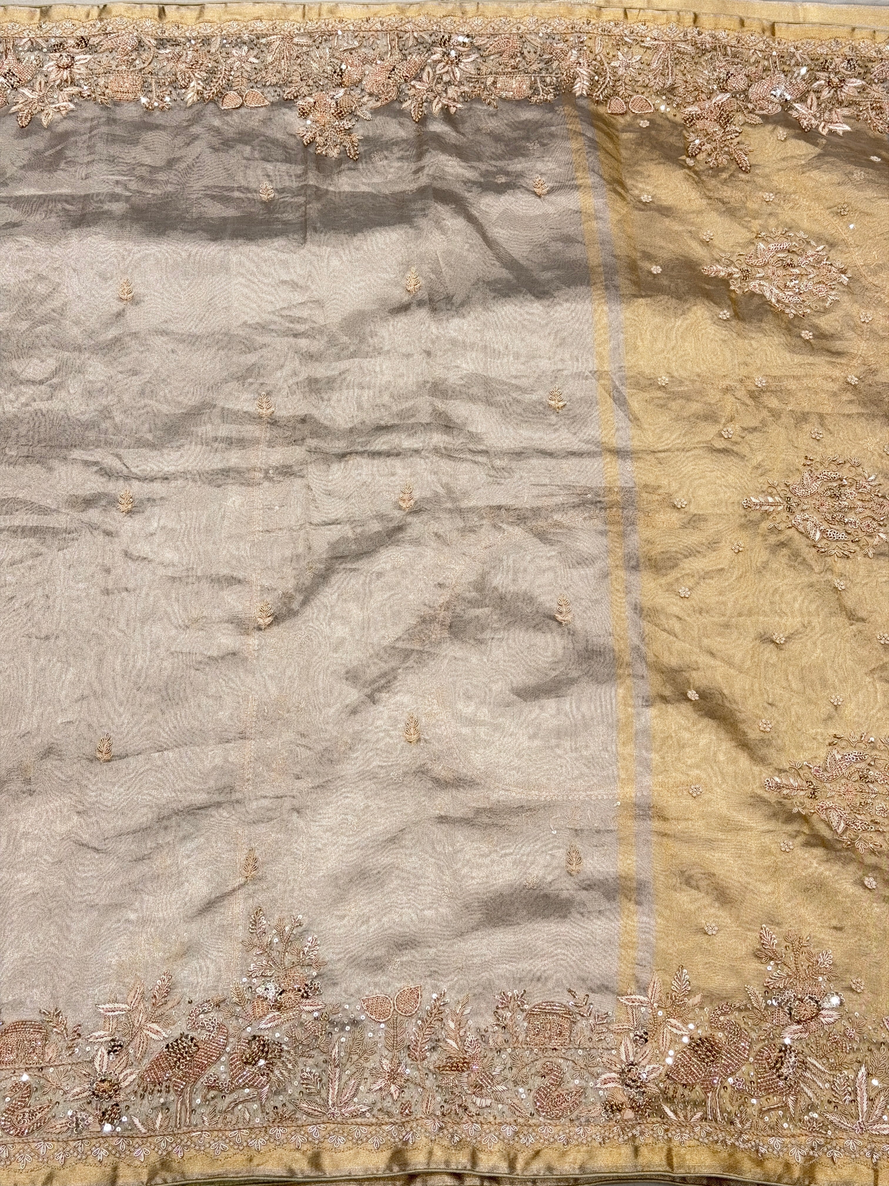 Tissue Parsi Style Zardosi Hand Embroidery Saree