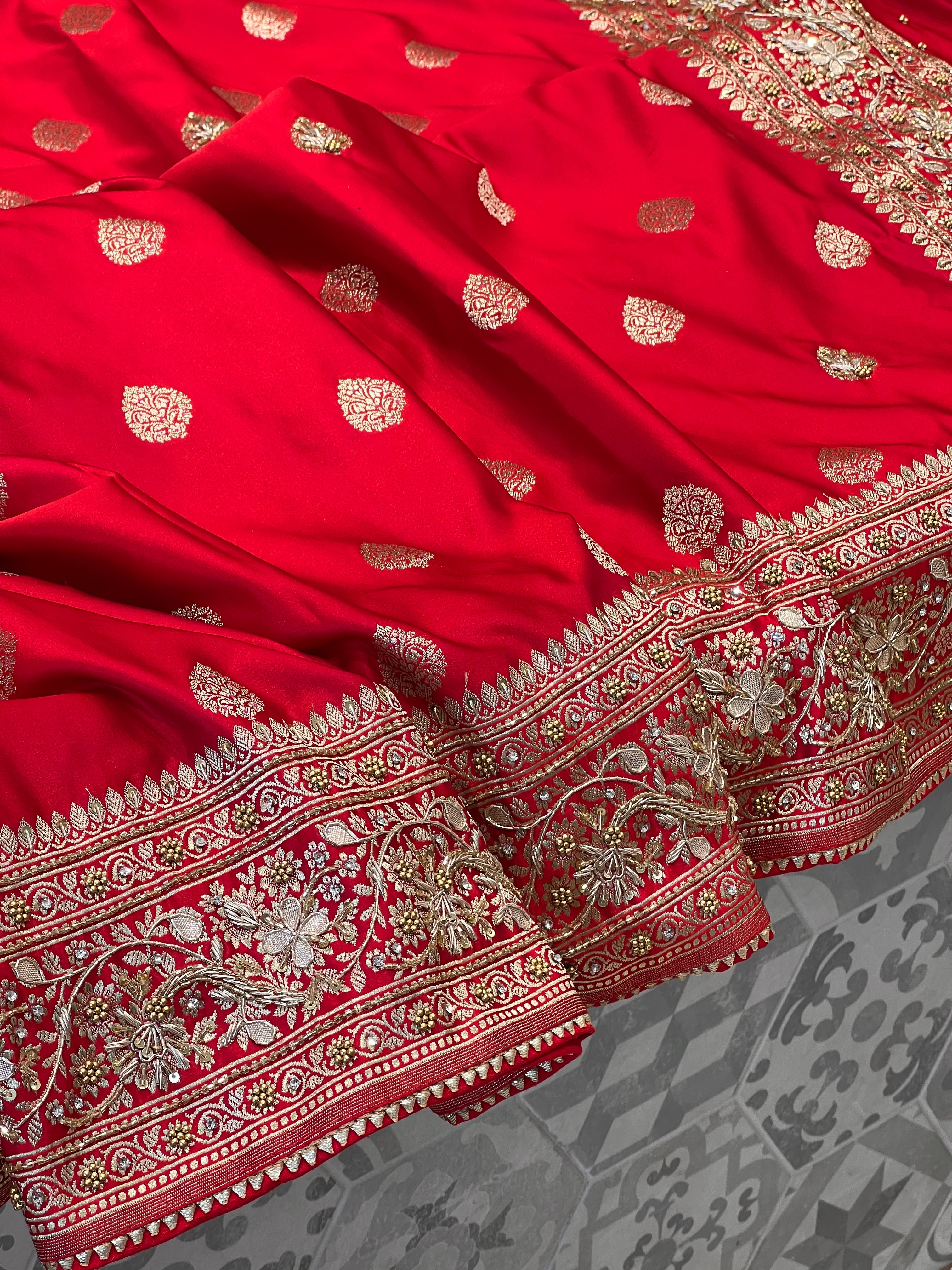 Red Banarasi Silk Butta Hand Embroidery Saree