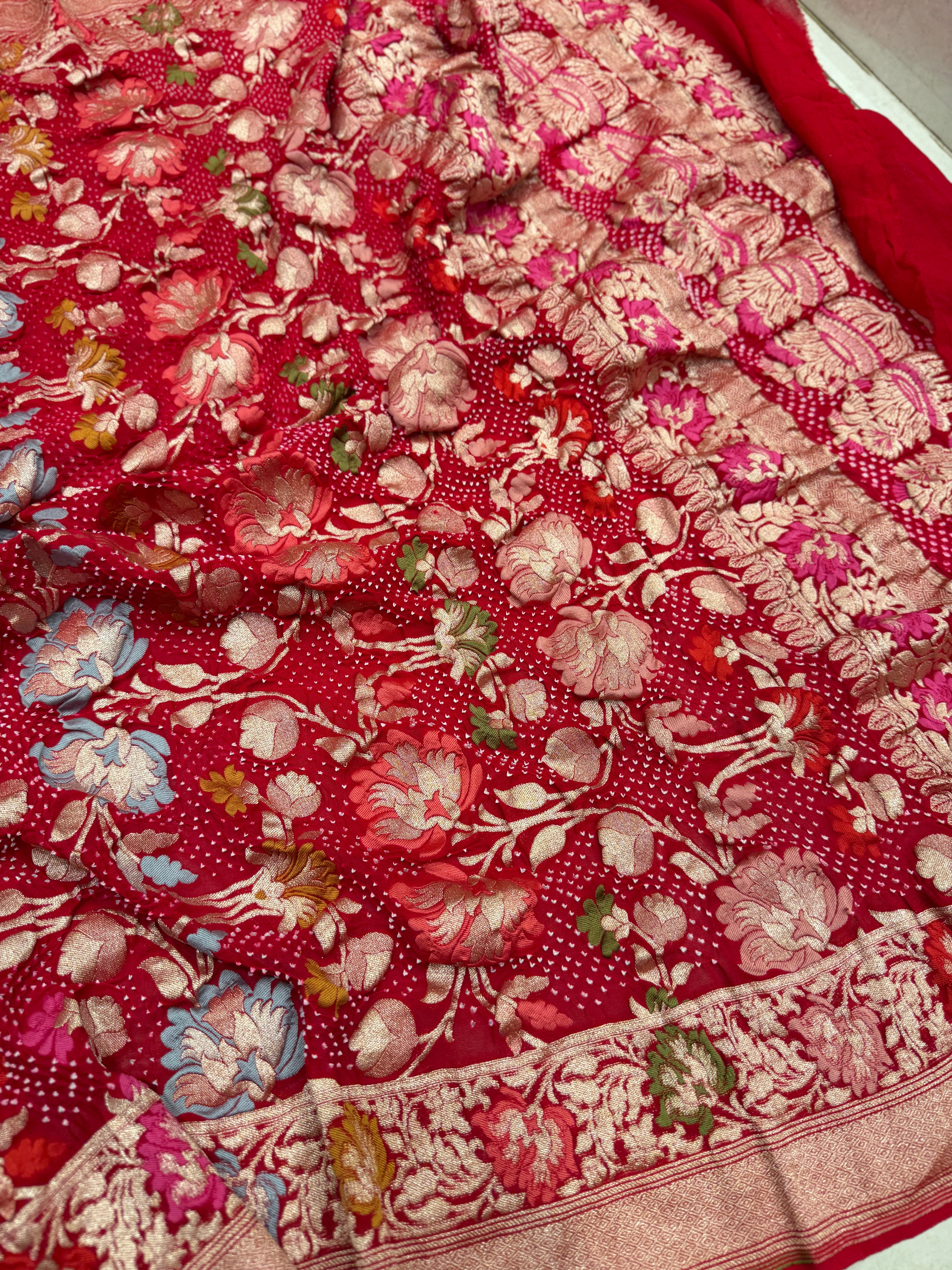 Red Jaal Handloom Meenakari Rai Bandhej Pure Zari Dupatta