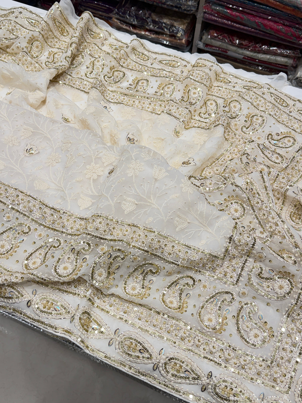 Moti White Chikankari Georgette Pita Sequin Hand Embroidery Saree