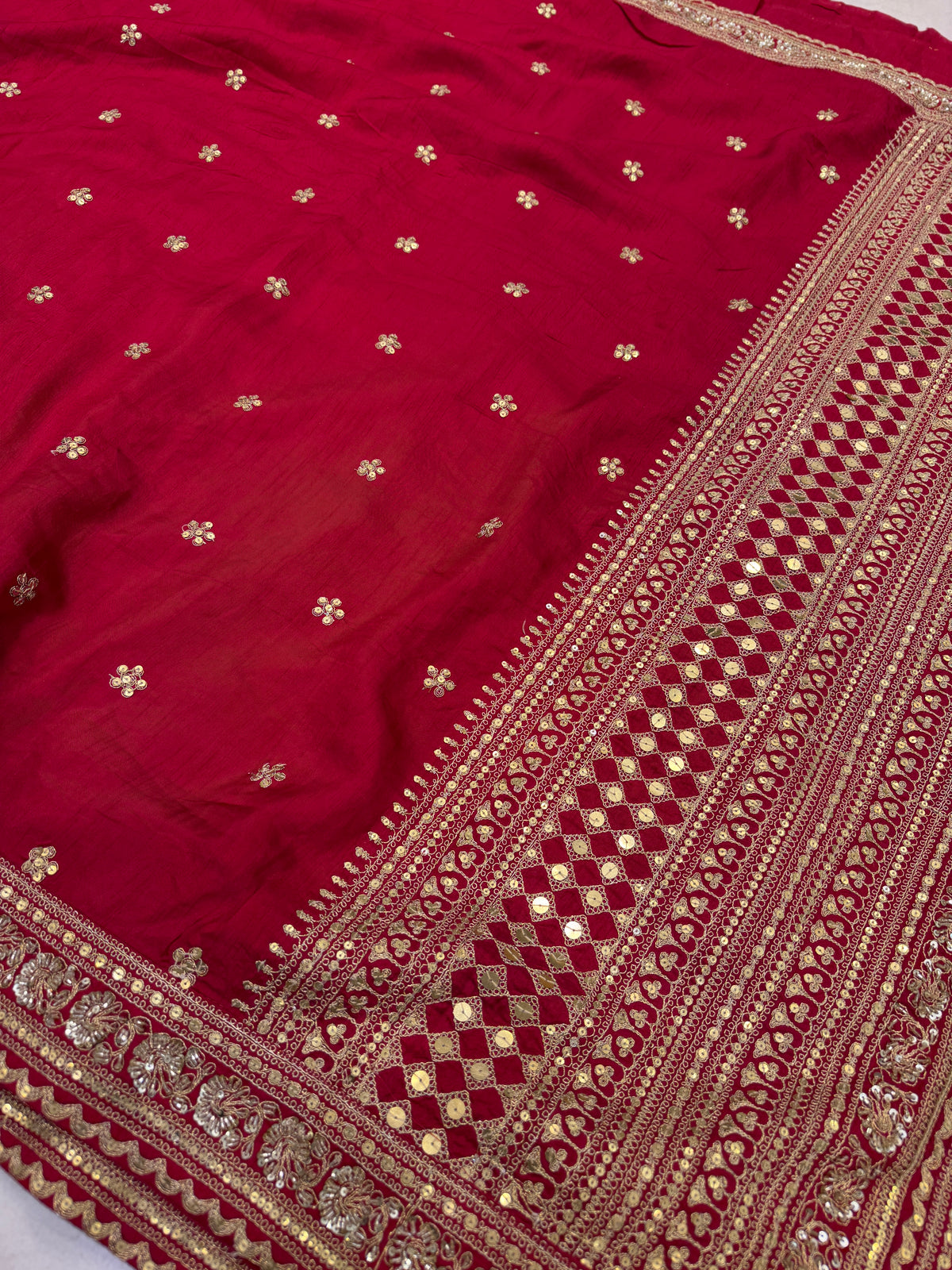 Red Heavy Pallu and Buttis Sabyasachi Inspired Marodi Embroidery Zardosi Saree