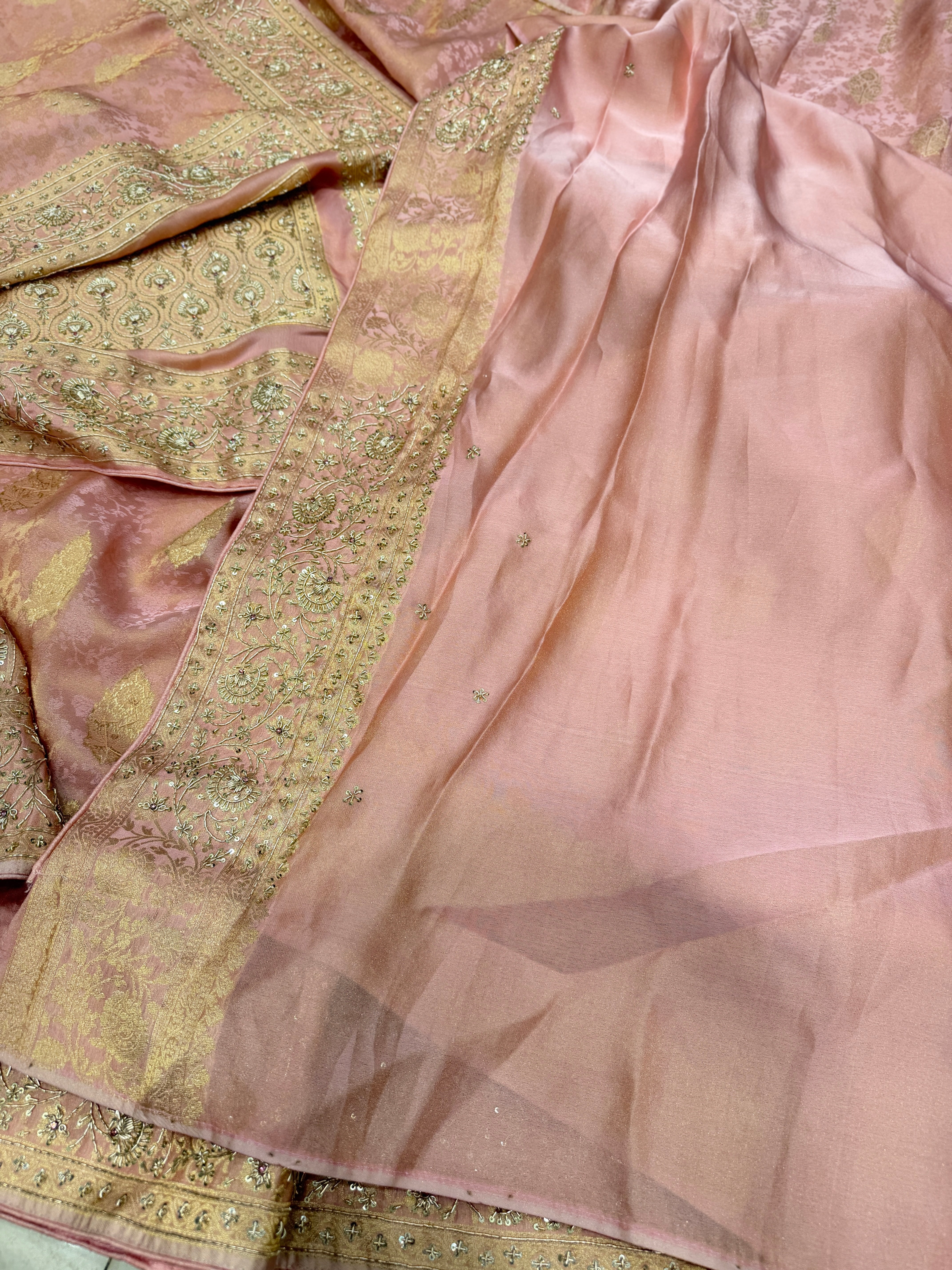 Pink Banarasi Crepe Tissue Zardodi Hand Embroidery Saree