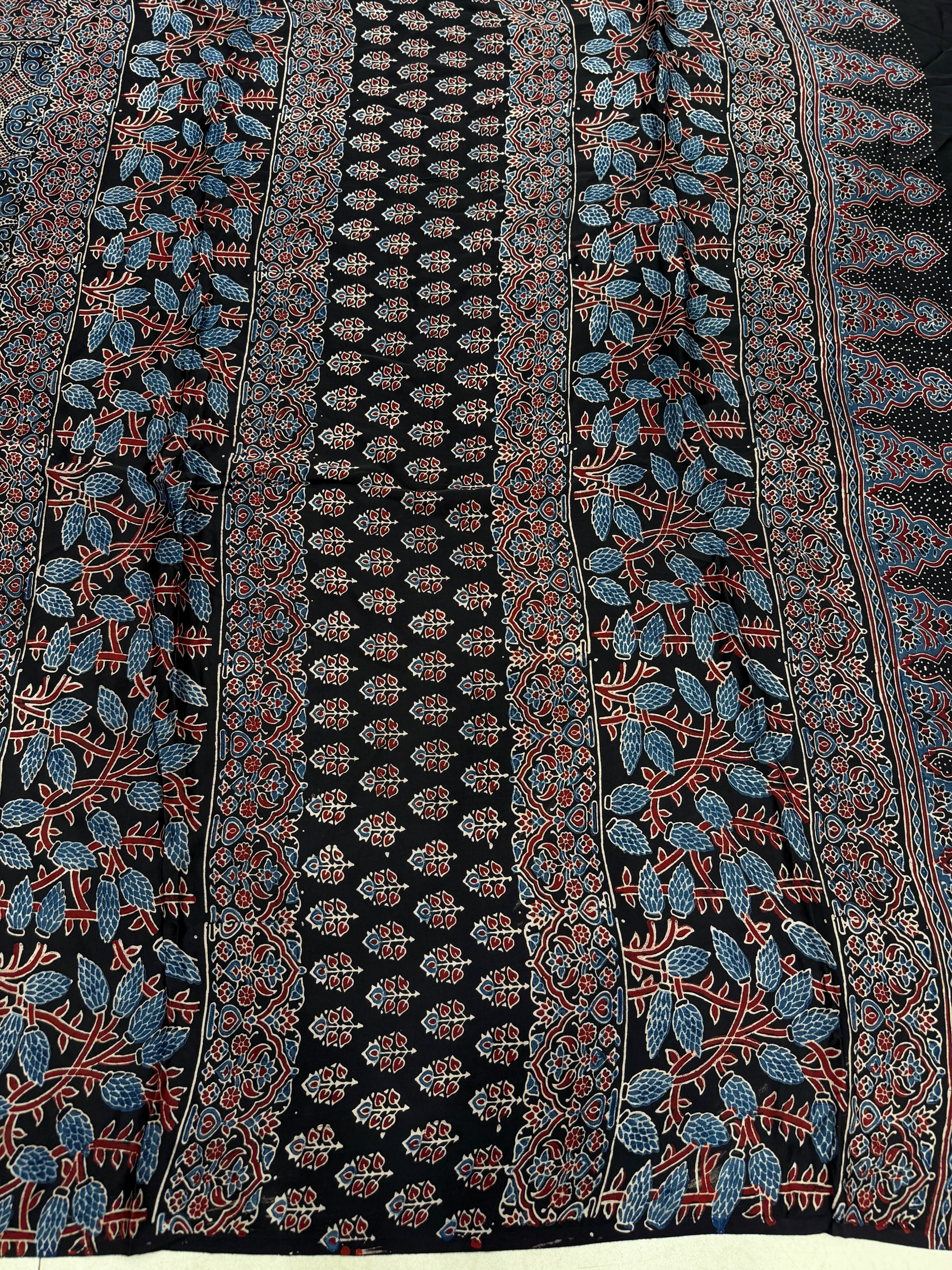 Black Gol Jaal Ajrakh Hand Block Print Pure Gajji Silk Saree