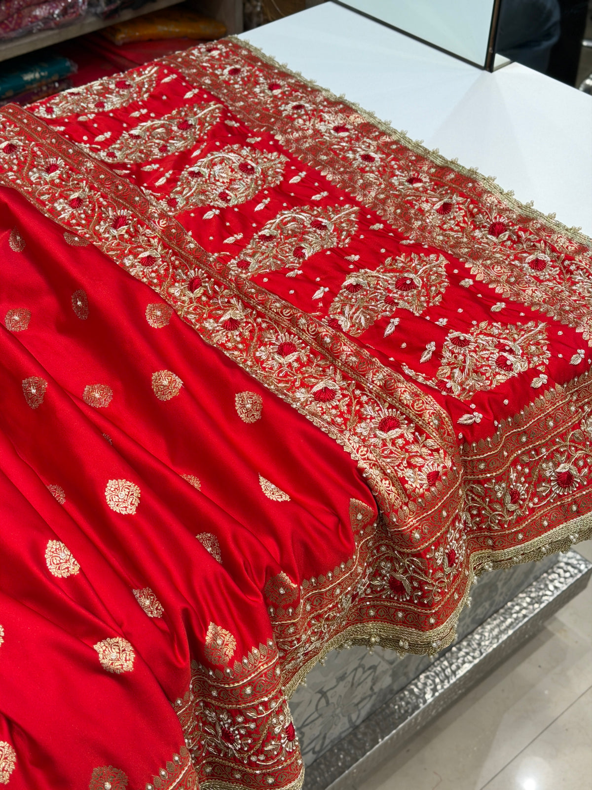 Red Banarasi Silk Butti Resham Hand Embroidery Saree