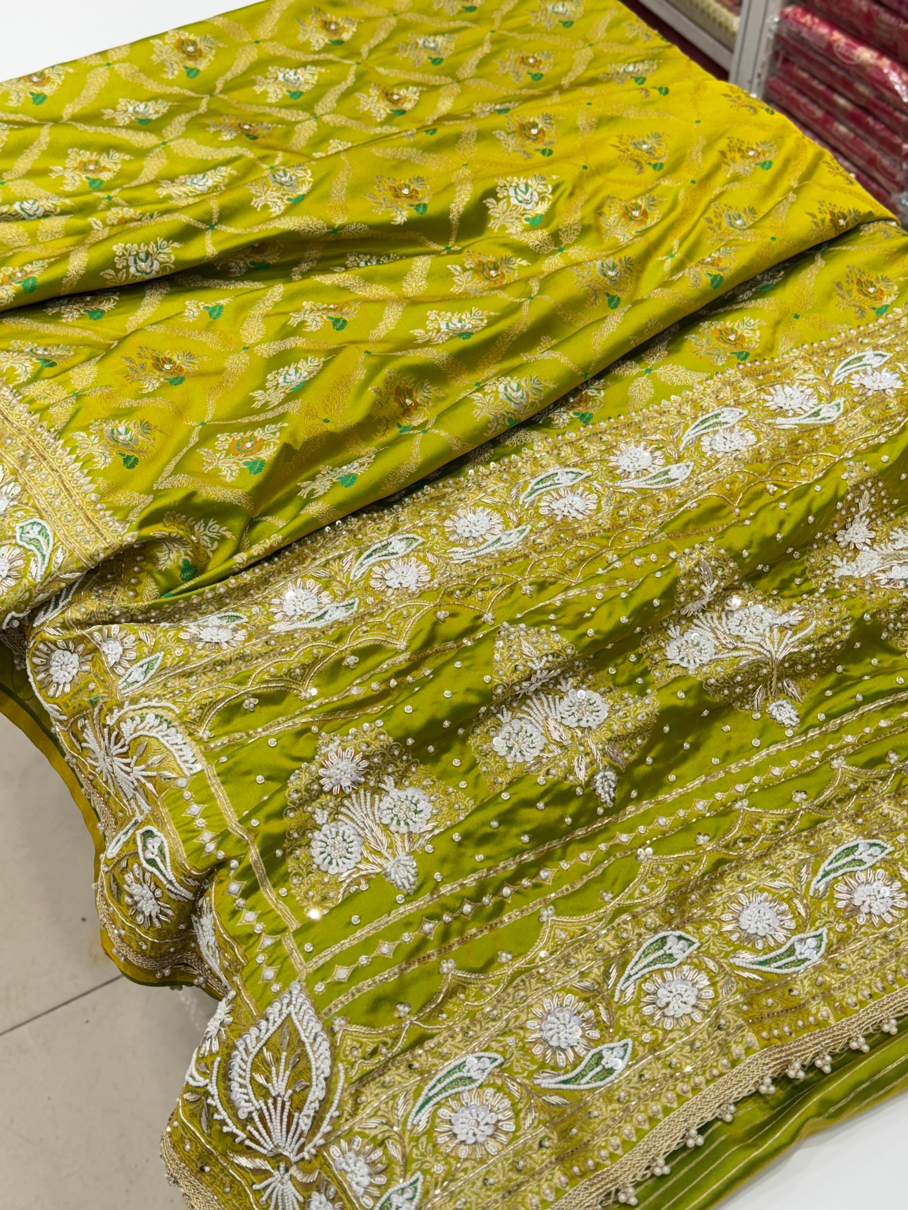 Green Banarasi With Moti Hand Embroidery Saree