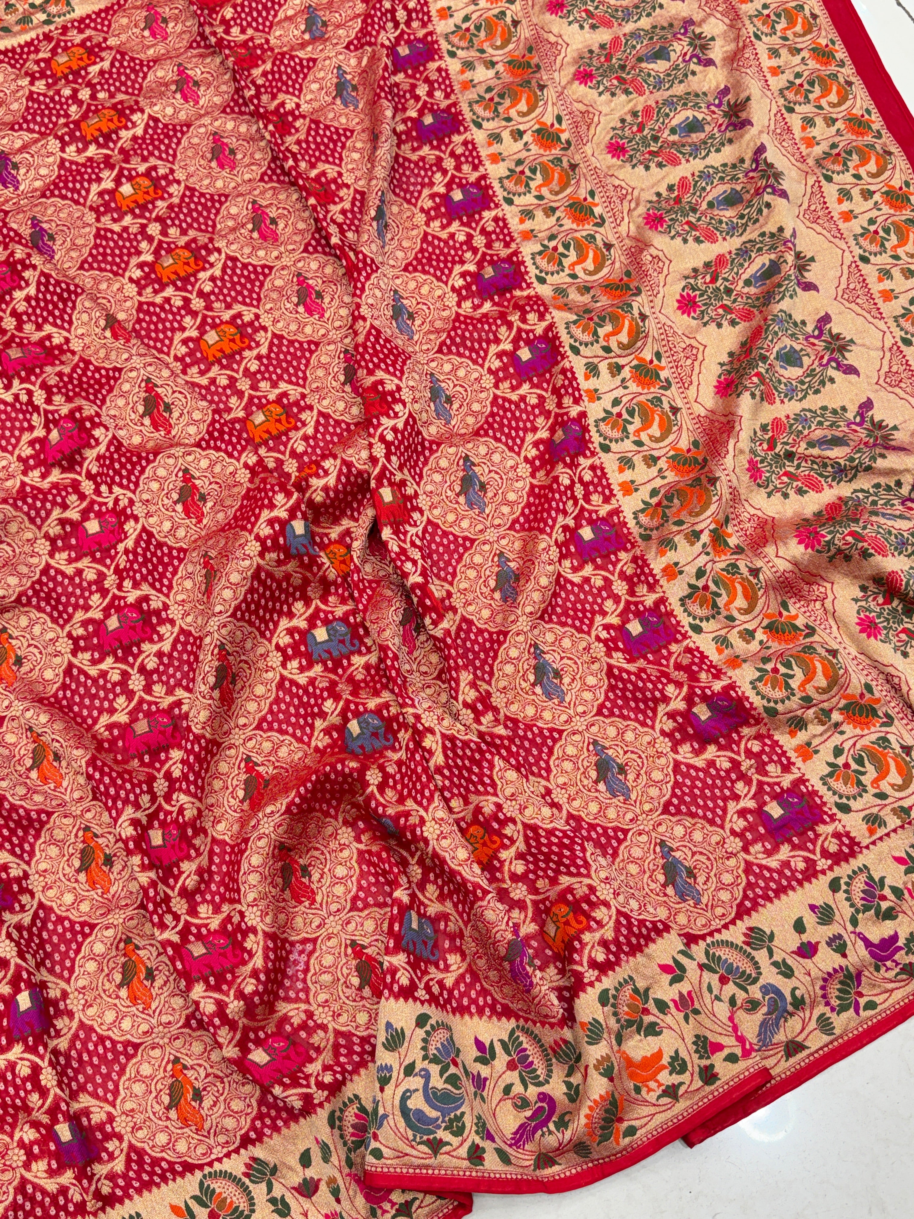 Red Woven Bandhej Dupatta Meenakari Peacock Motif