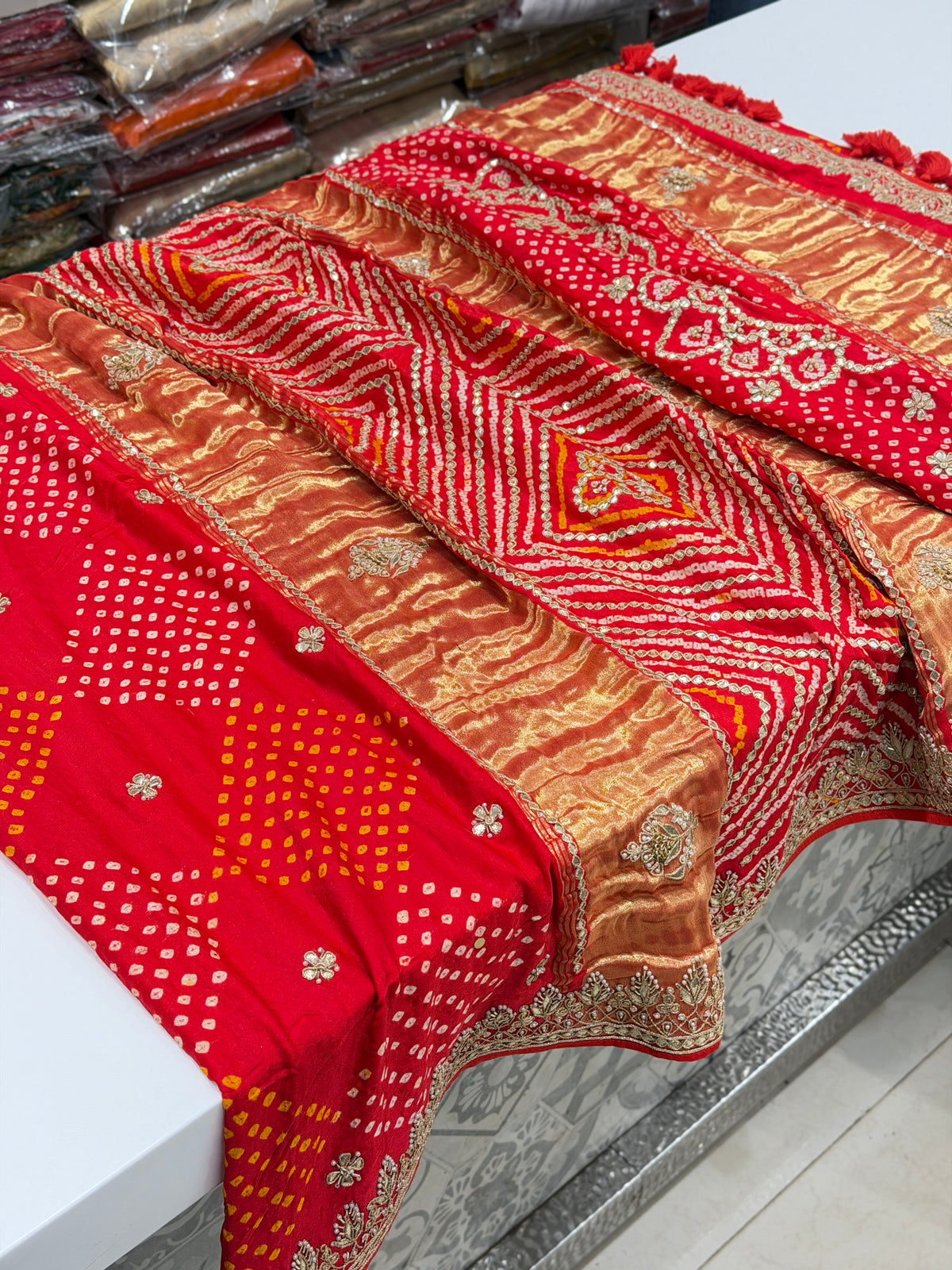 Red Jaal Faabiiana Inspired Gajji Silk Rai Bandhej Gotapatti Marodi Hand Embroidery Saree