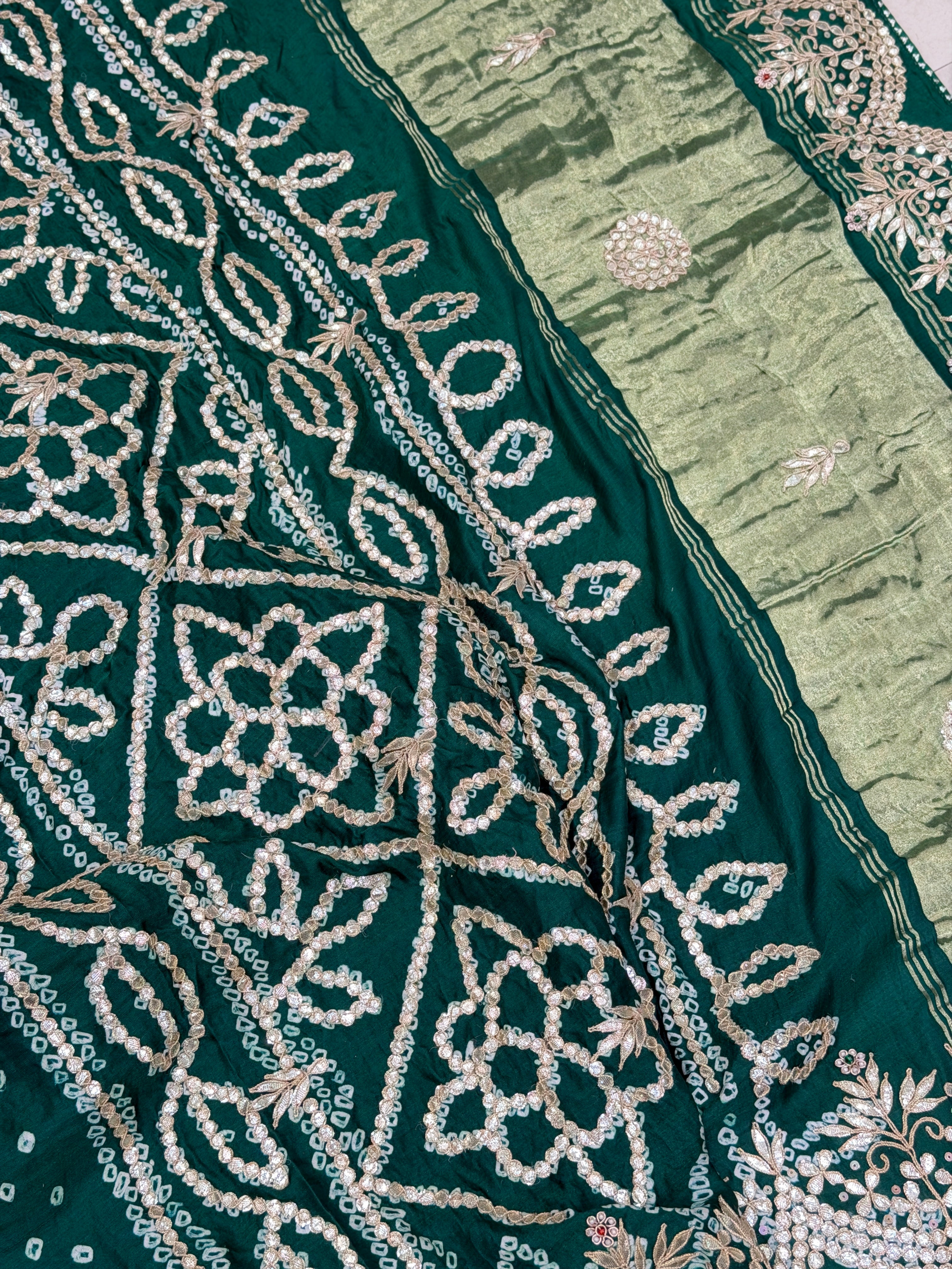 Bottle Green Gajji Silk Bandhej Gotapatti Hand Embroidery Saree