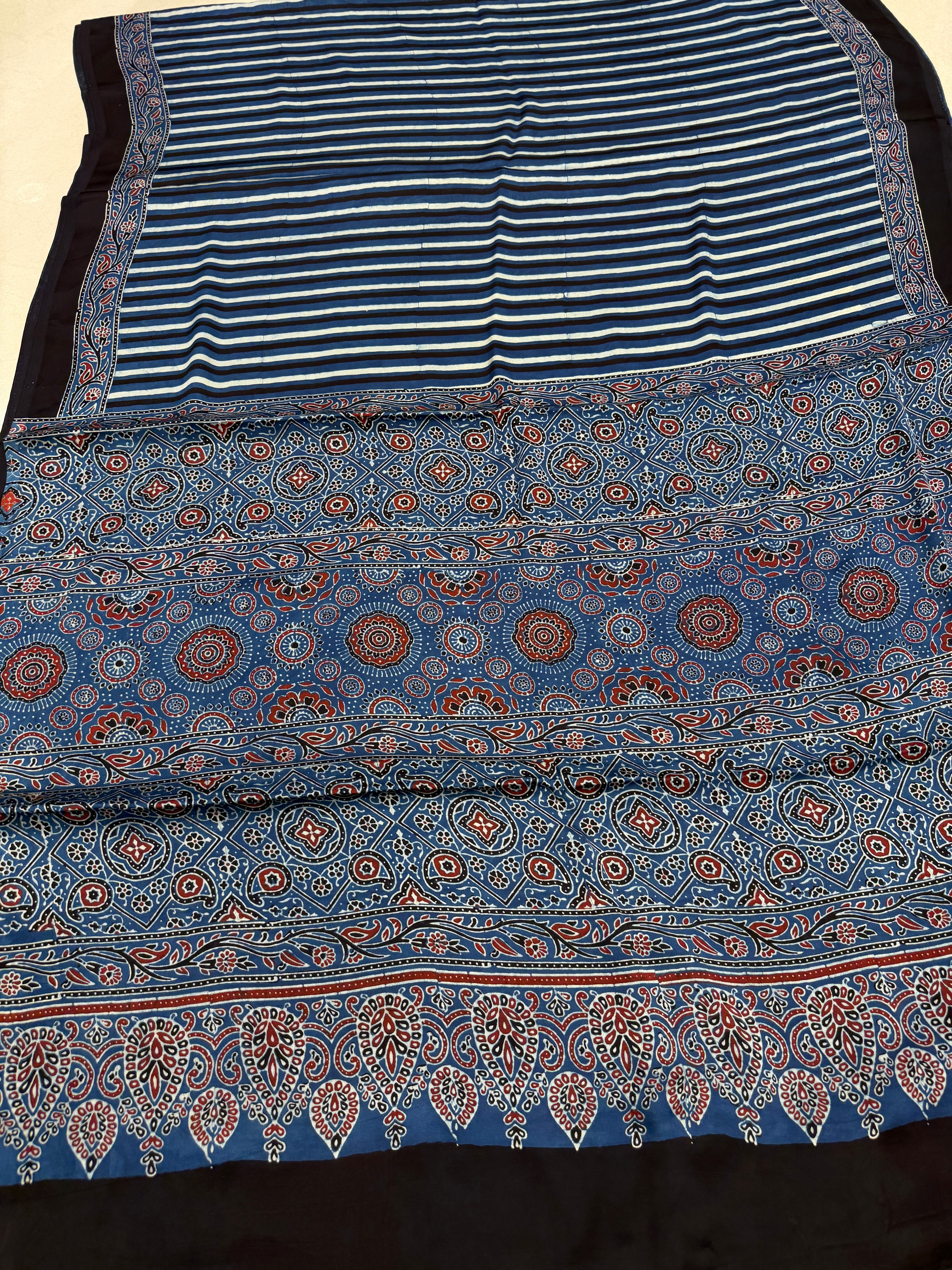 Blue Contemporary Ajrakh Block Print Hand Pure Gajji Silk Saree