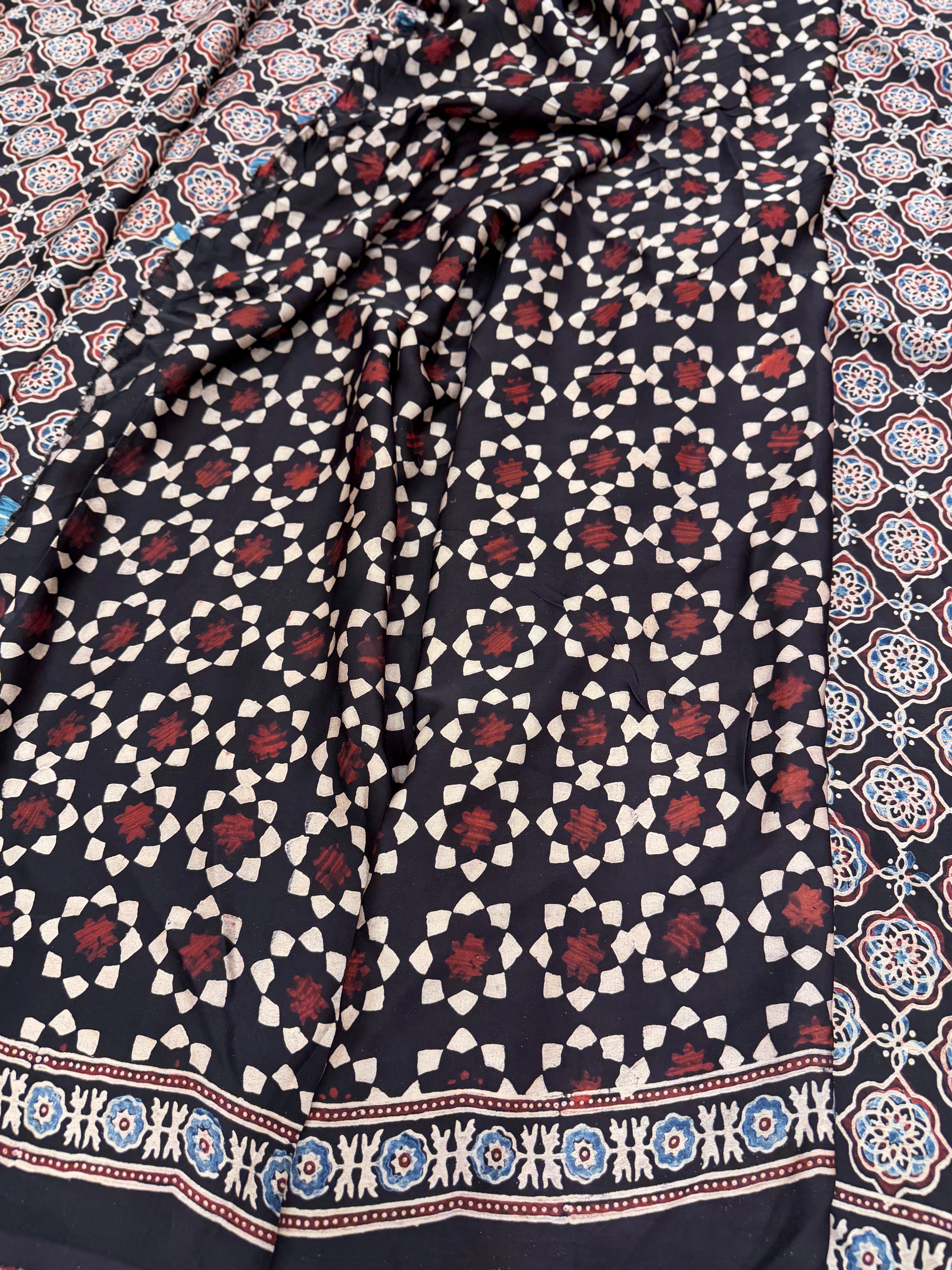 Black Jaal Ajrakh Hand Block Print Pure Gajji Silk Saree