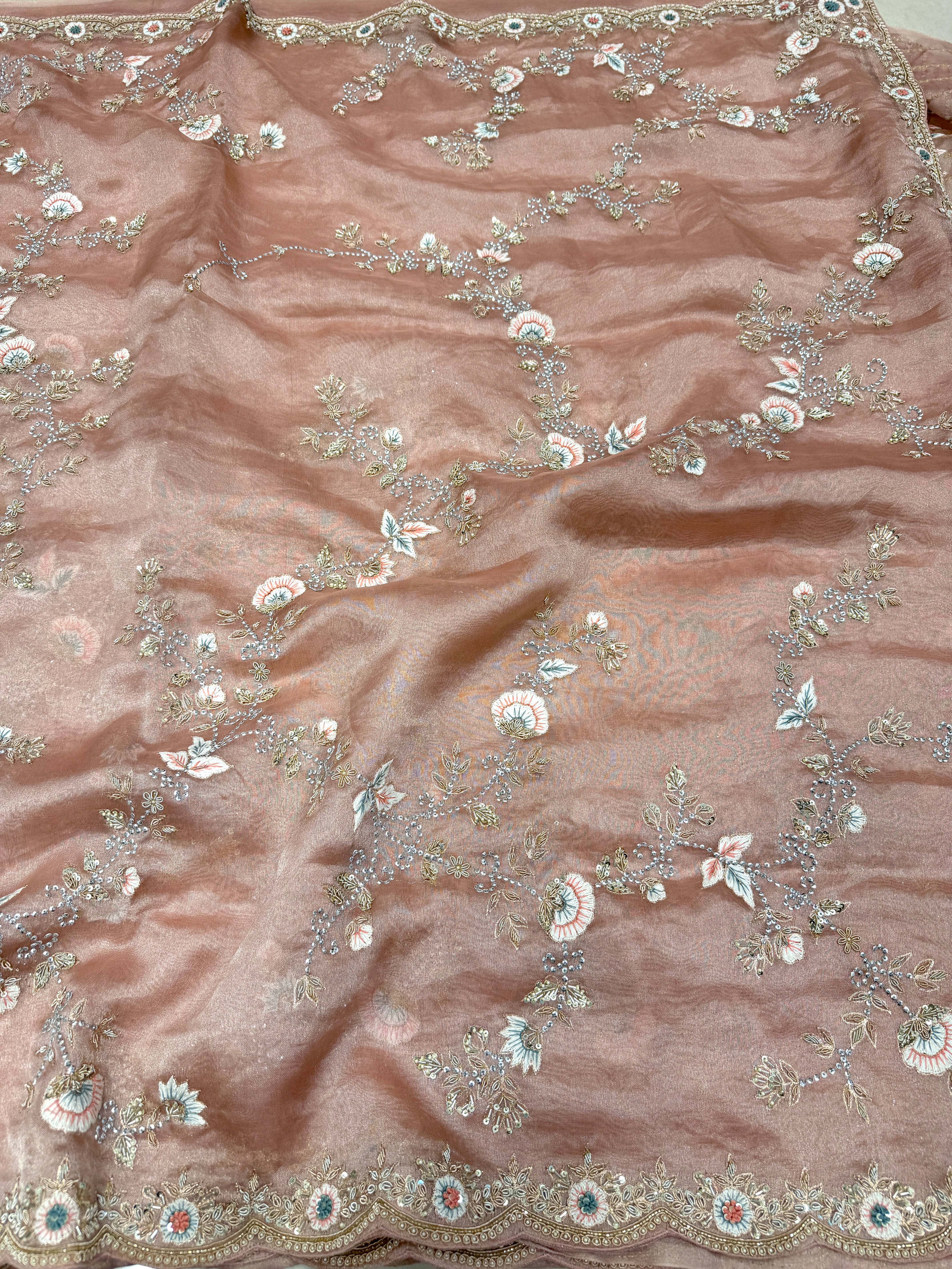 Pink Tissue Zardosi Resham Knot Hand Embroidery Saree