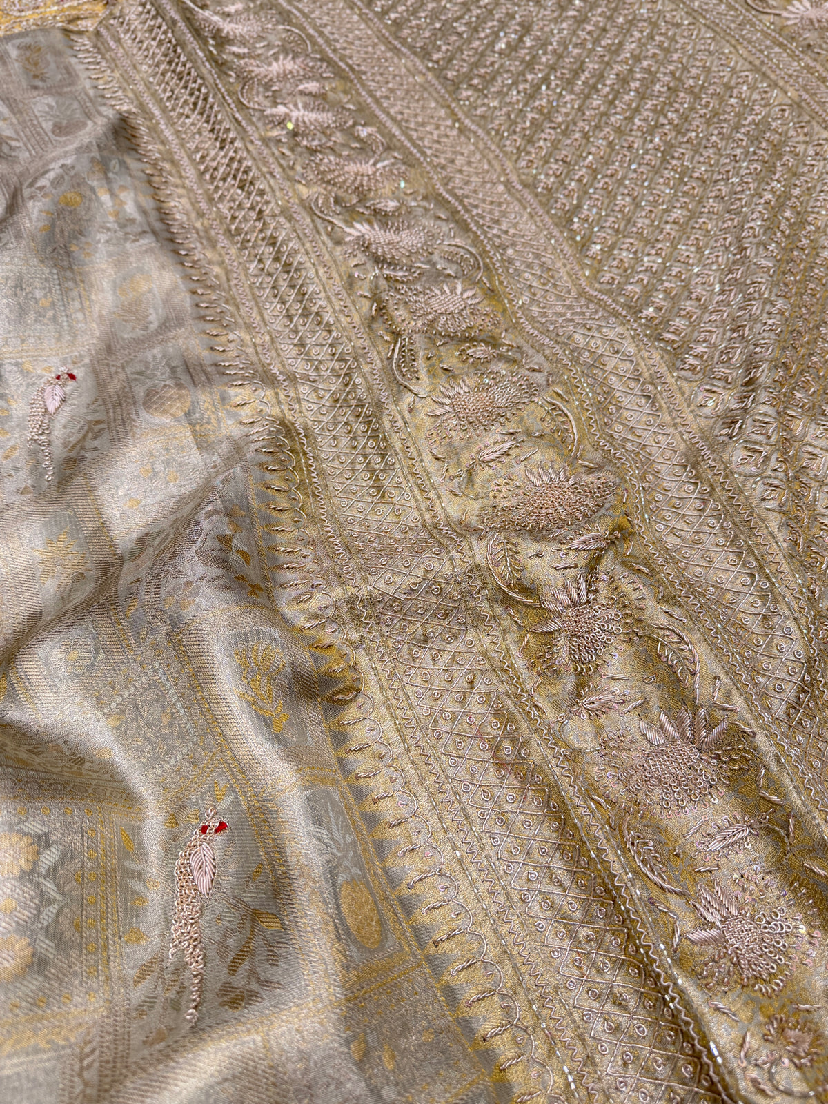 Champagne Green Tissue Kanjivaram Zardosi Peacock Motif Hand Embroidery Saree