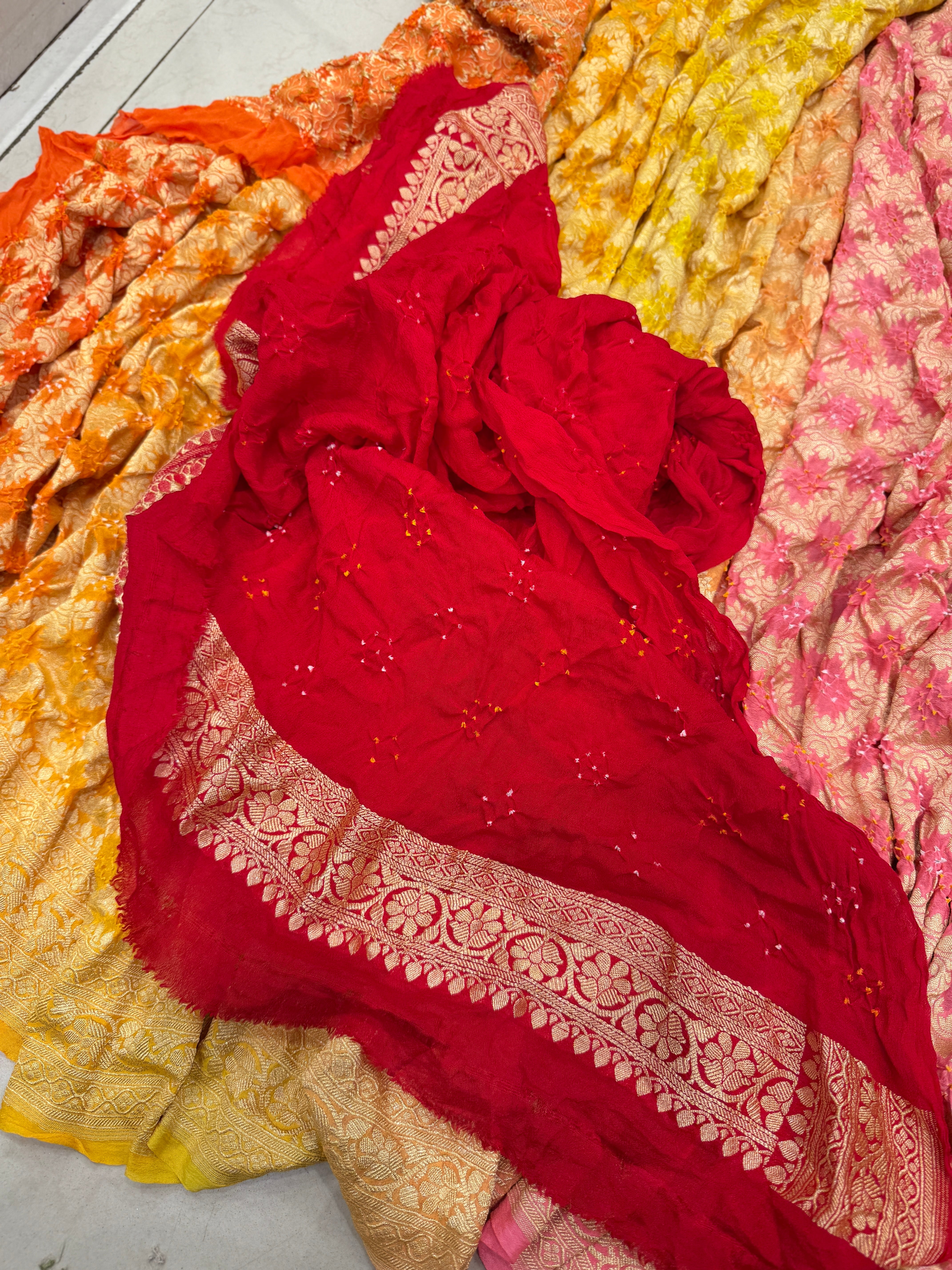 Six Shaded Butta Pallu Bandhej Bandhini Saree