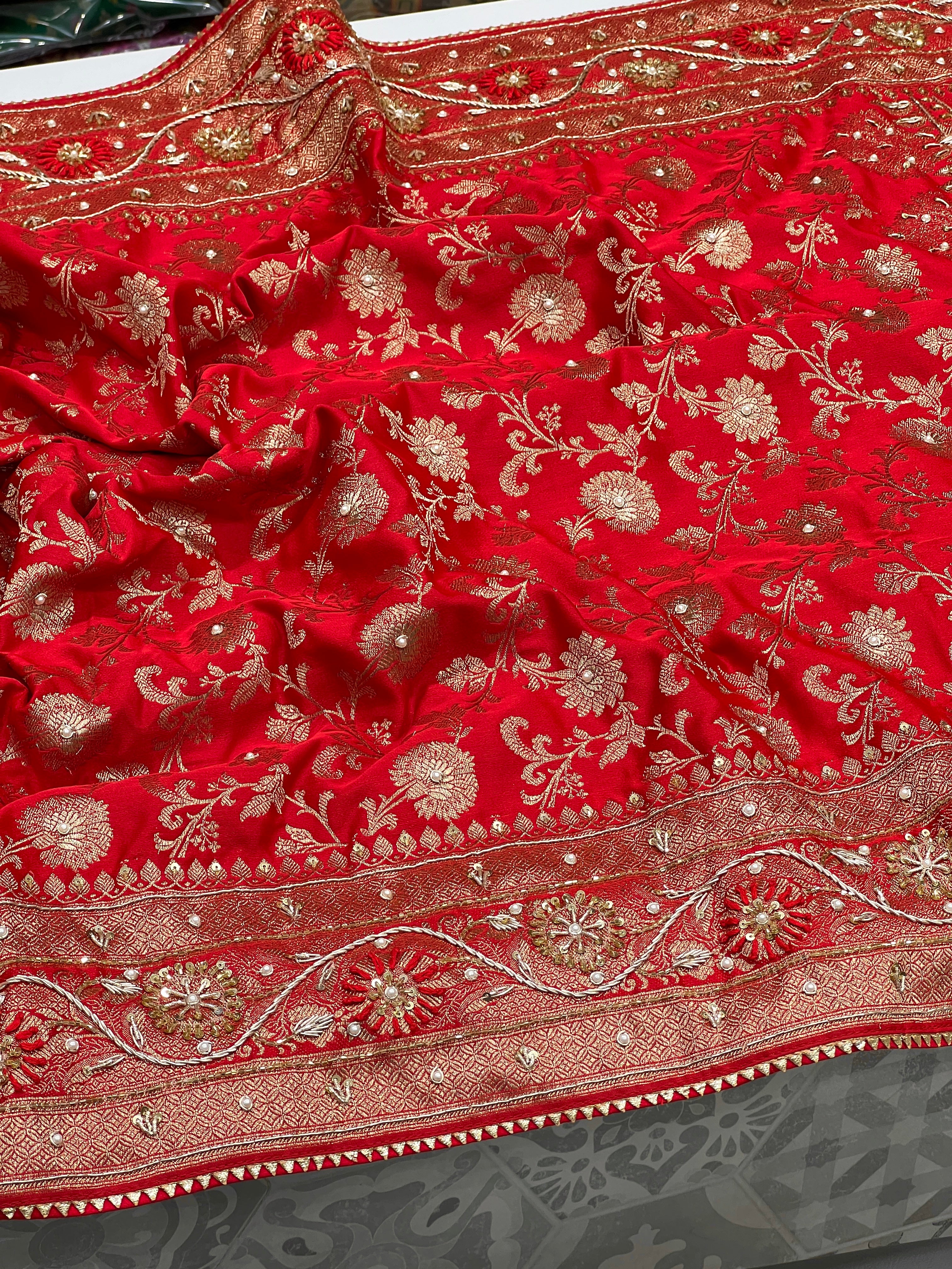 Red Banarasi Small Jaal Resham Embroidery Saree