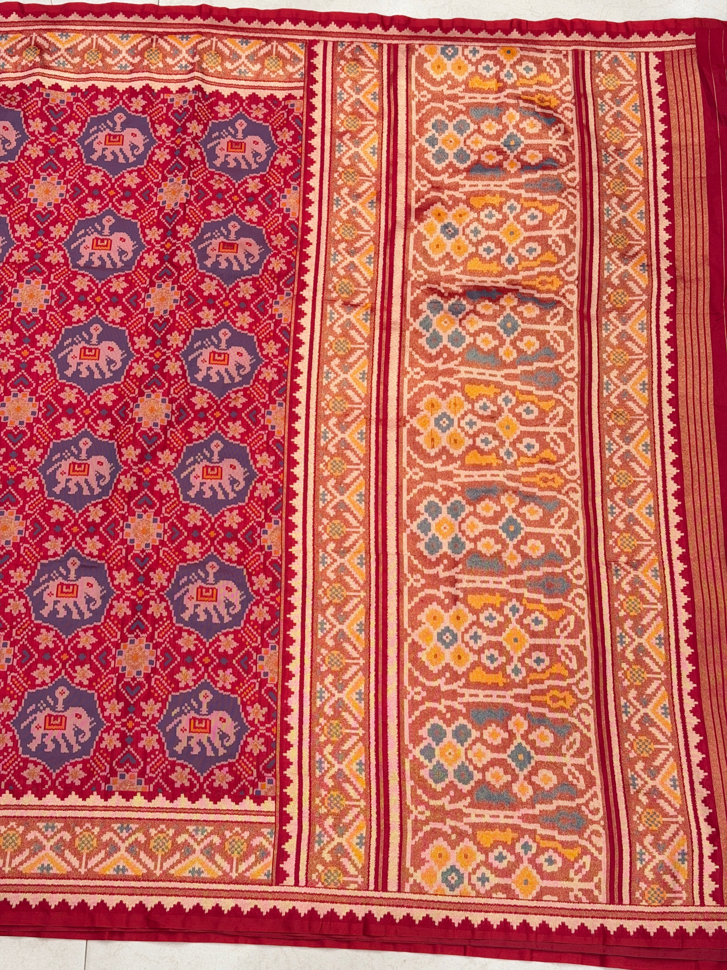 Red Nari Kunjar Elephant Motif Semi Silk Weaved Patan Patola Saree