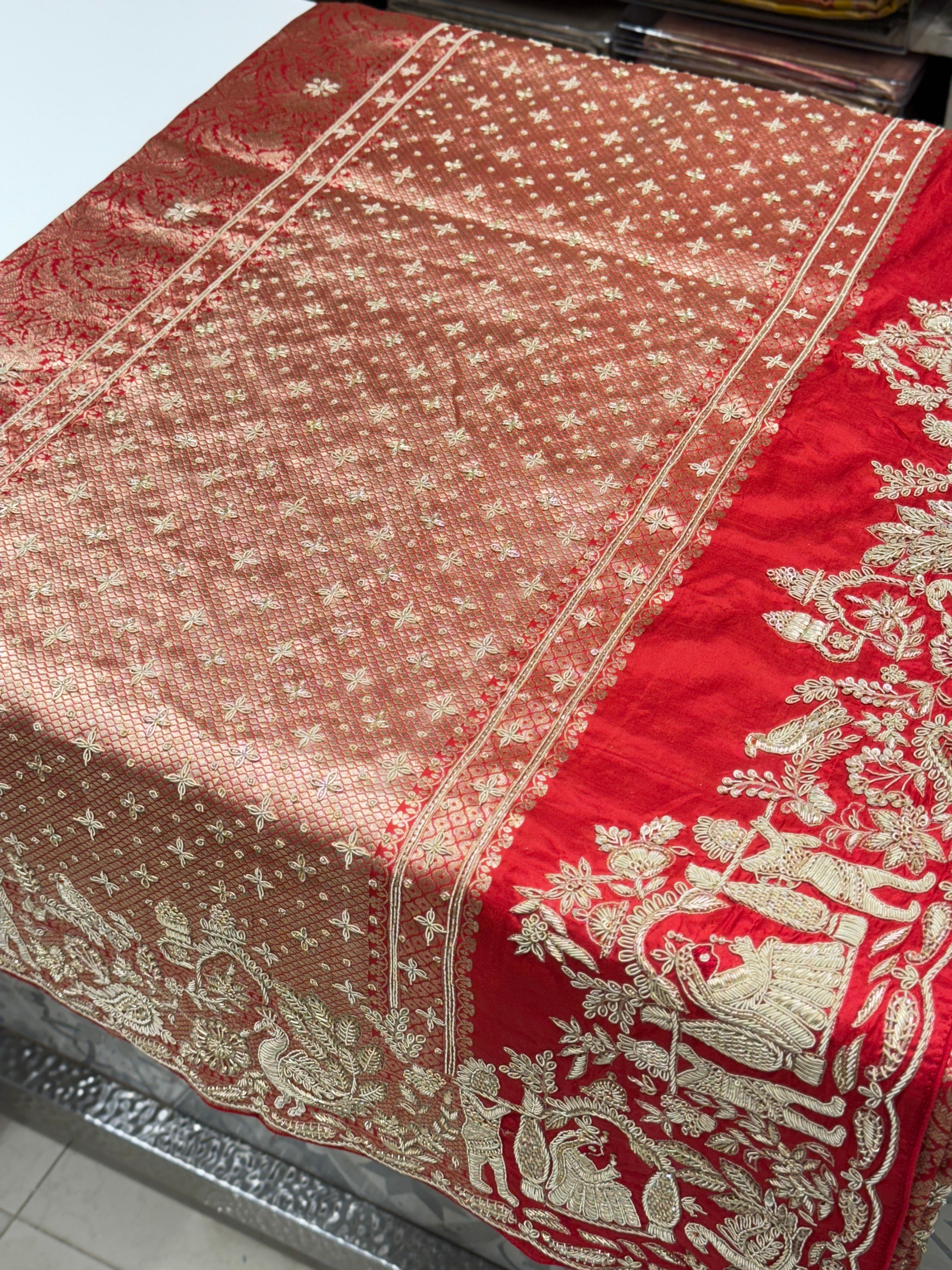 Red Banarasi Katan Doli Edit Zardosi Saree