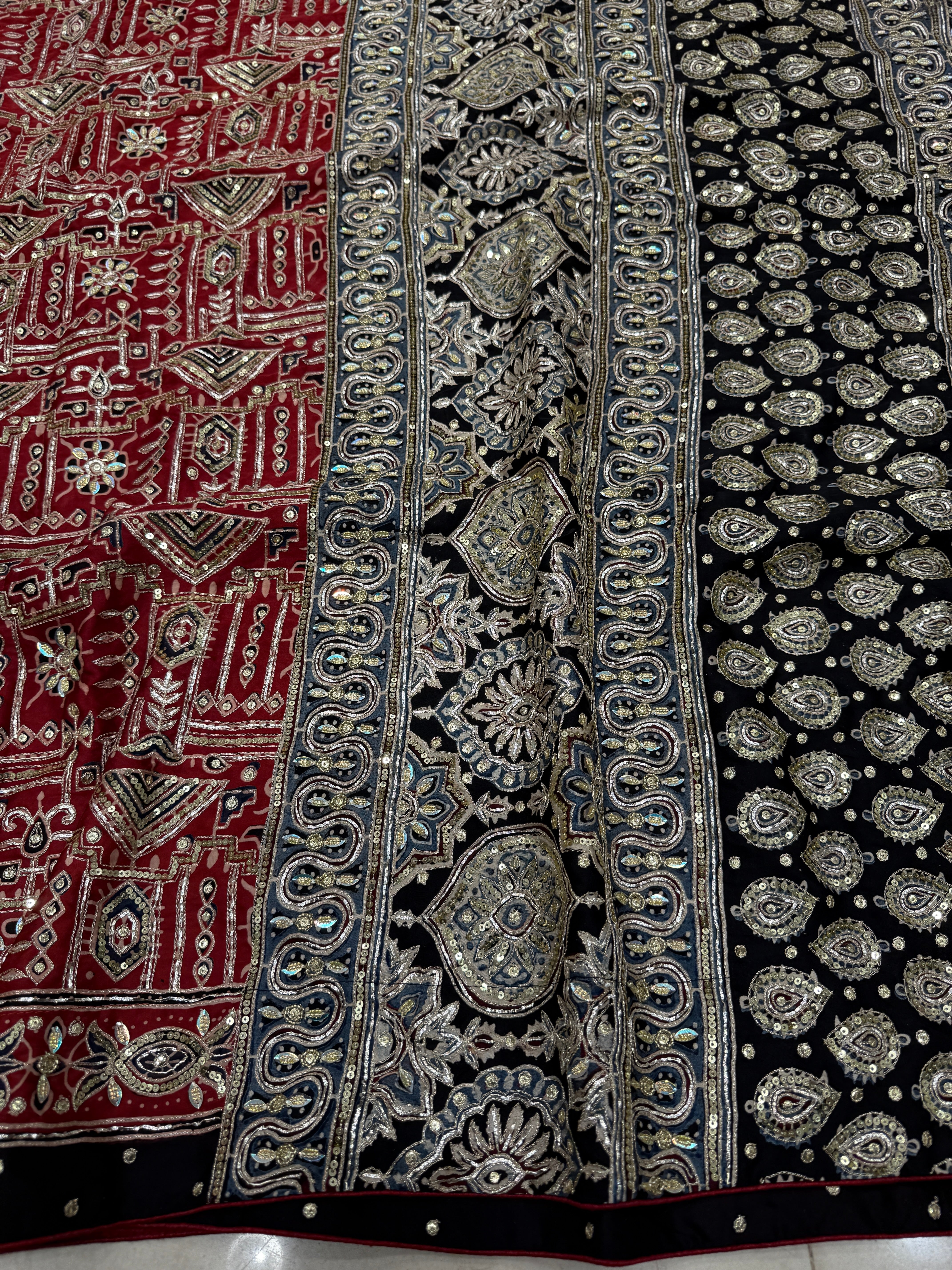 Red Contemporary Pita Zardosi Sequin Ajrakh Hand Embroidery Saree