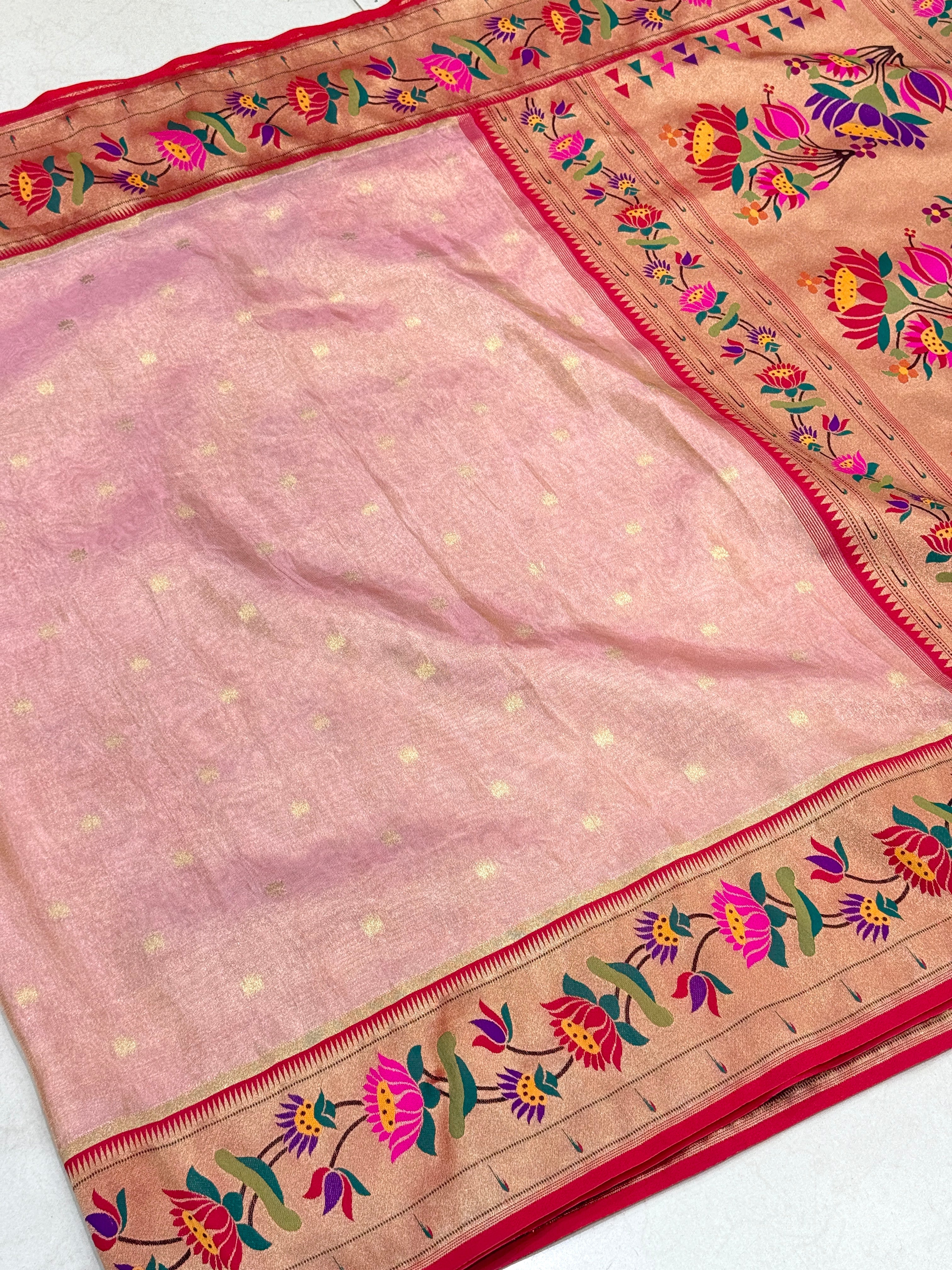 Pink Tissue Paithani Lotus Border Saree