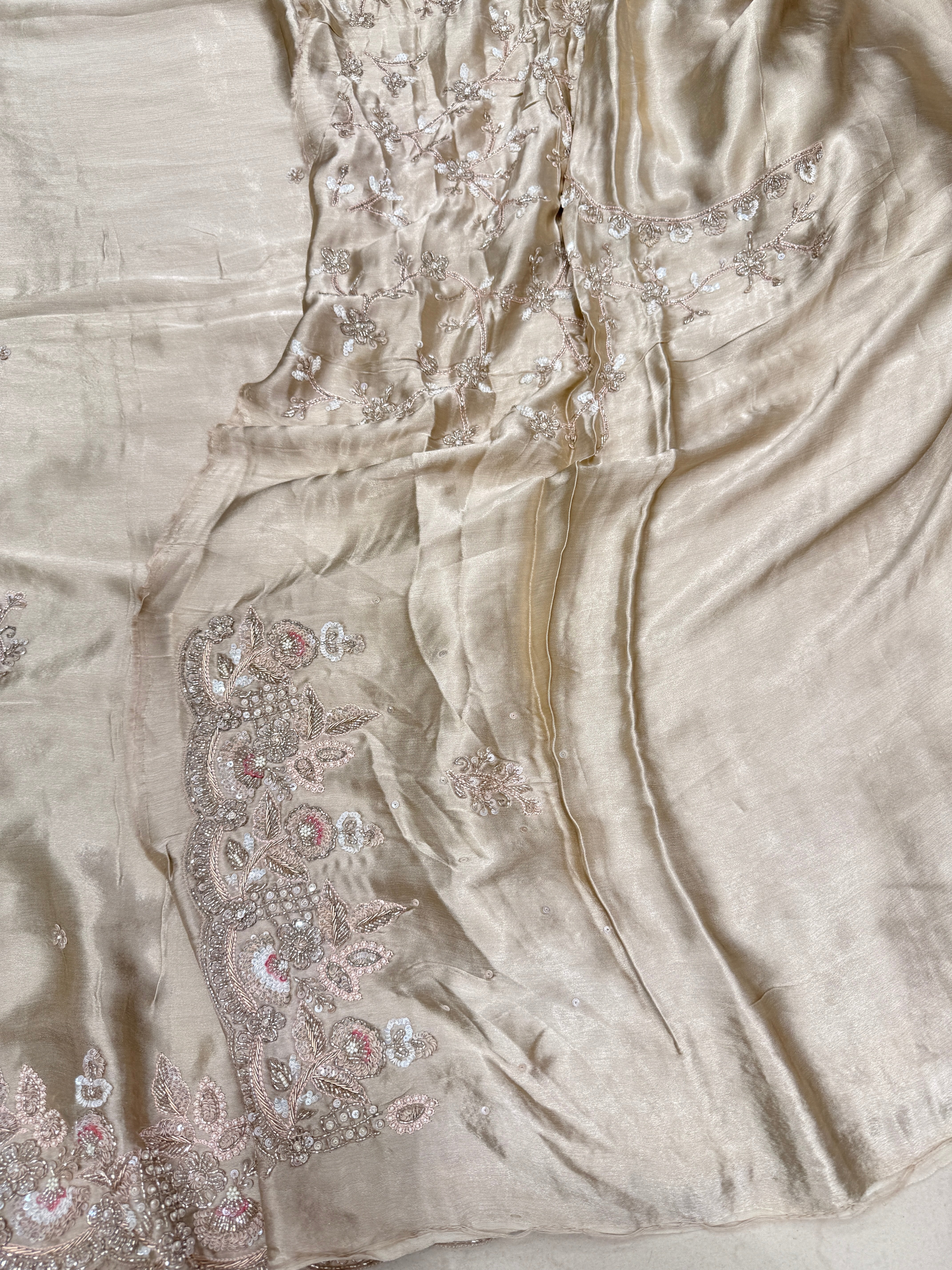 Champagne Satin Hand Embroidery Zardosi Saree