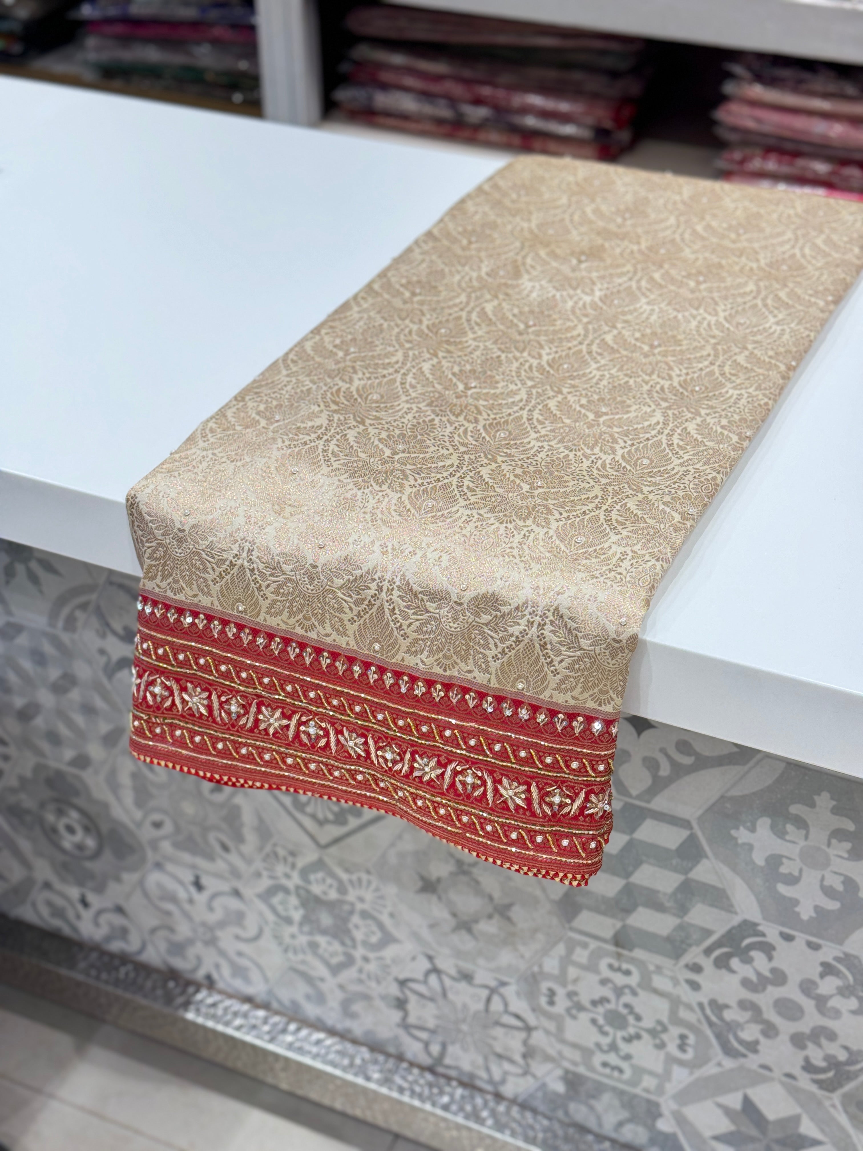 Moti White x Red Banarasi Hand Embroidery Saree