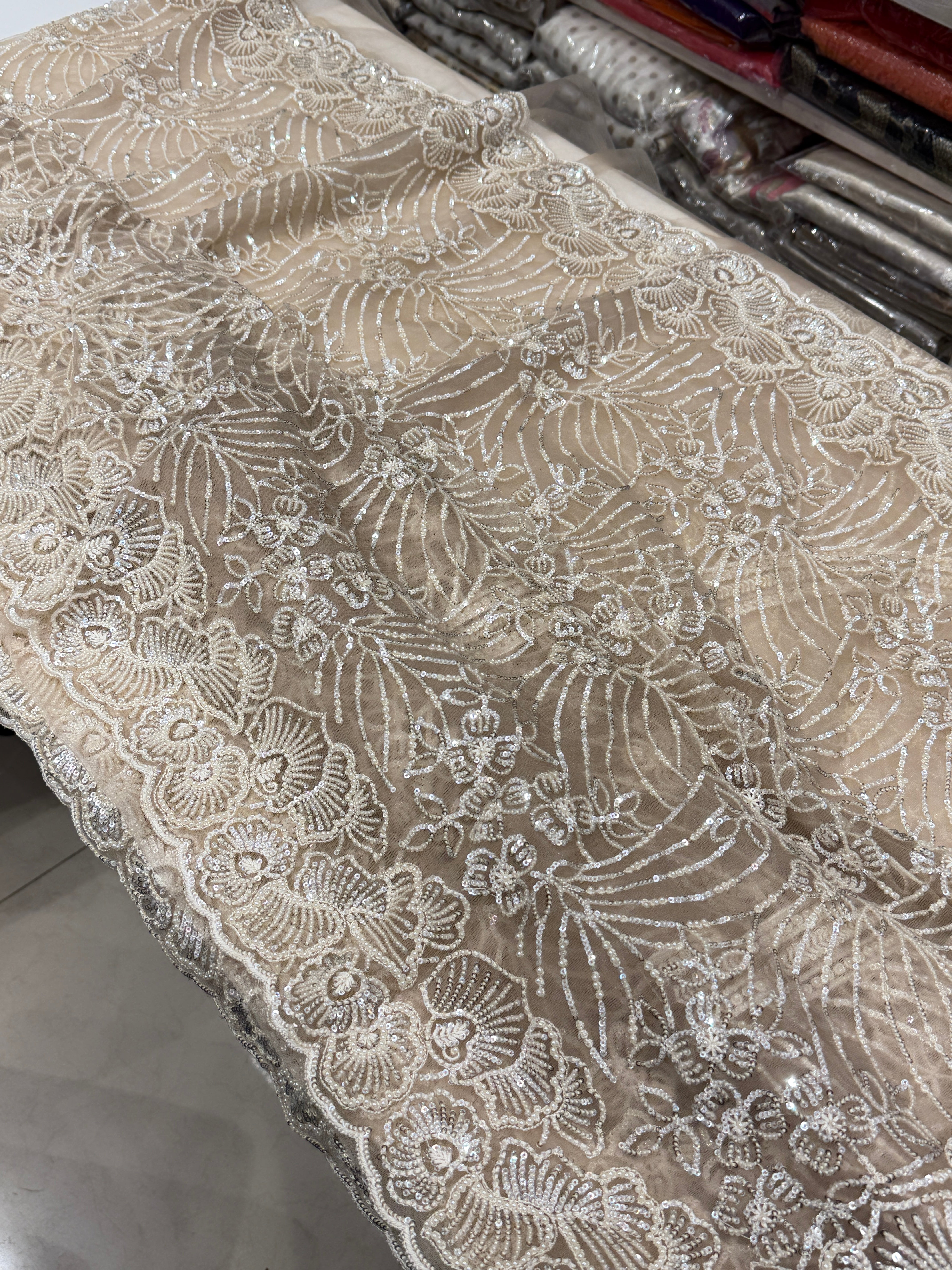 Golden Net Resham Moti Embroidery Soft Saree