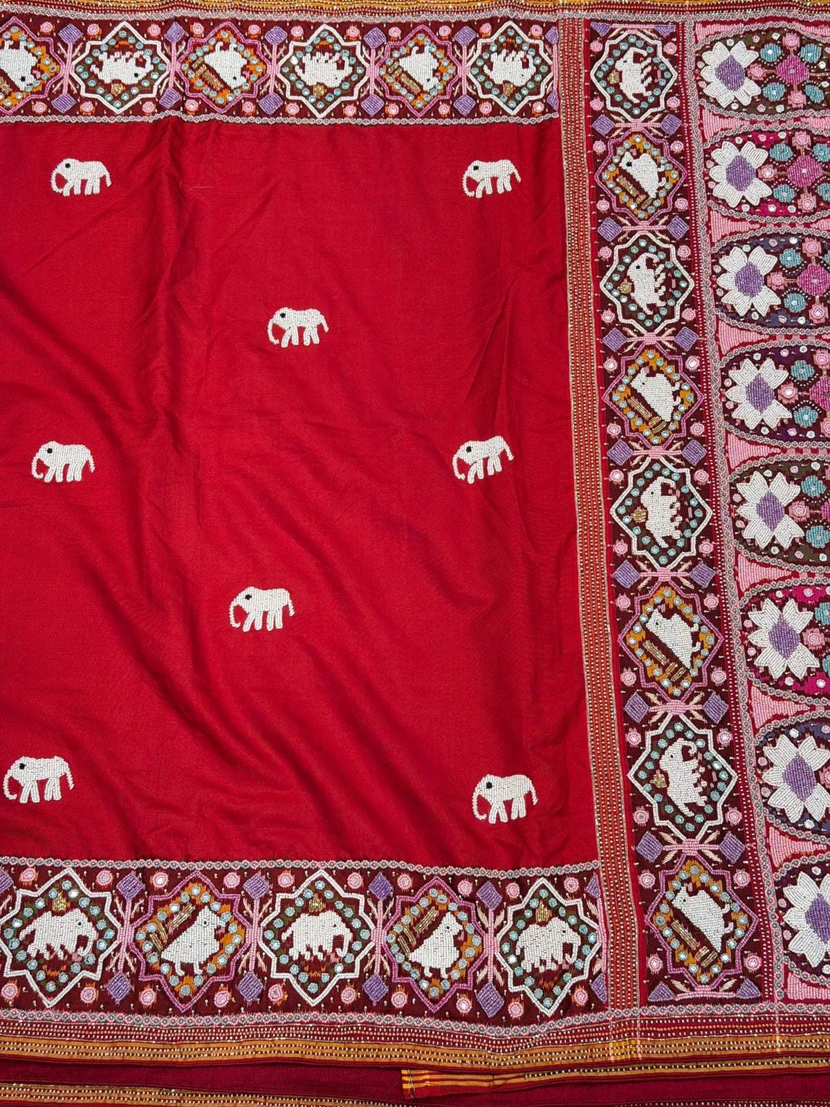 Red Pure Silk Patan Patola Hand Embroidery Kidiya Moti Saree
