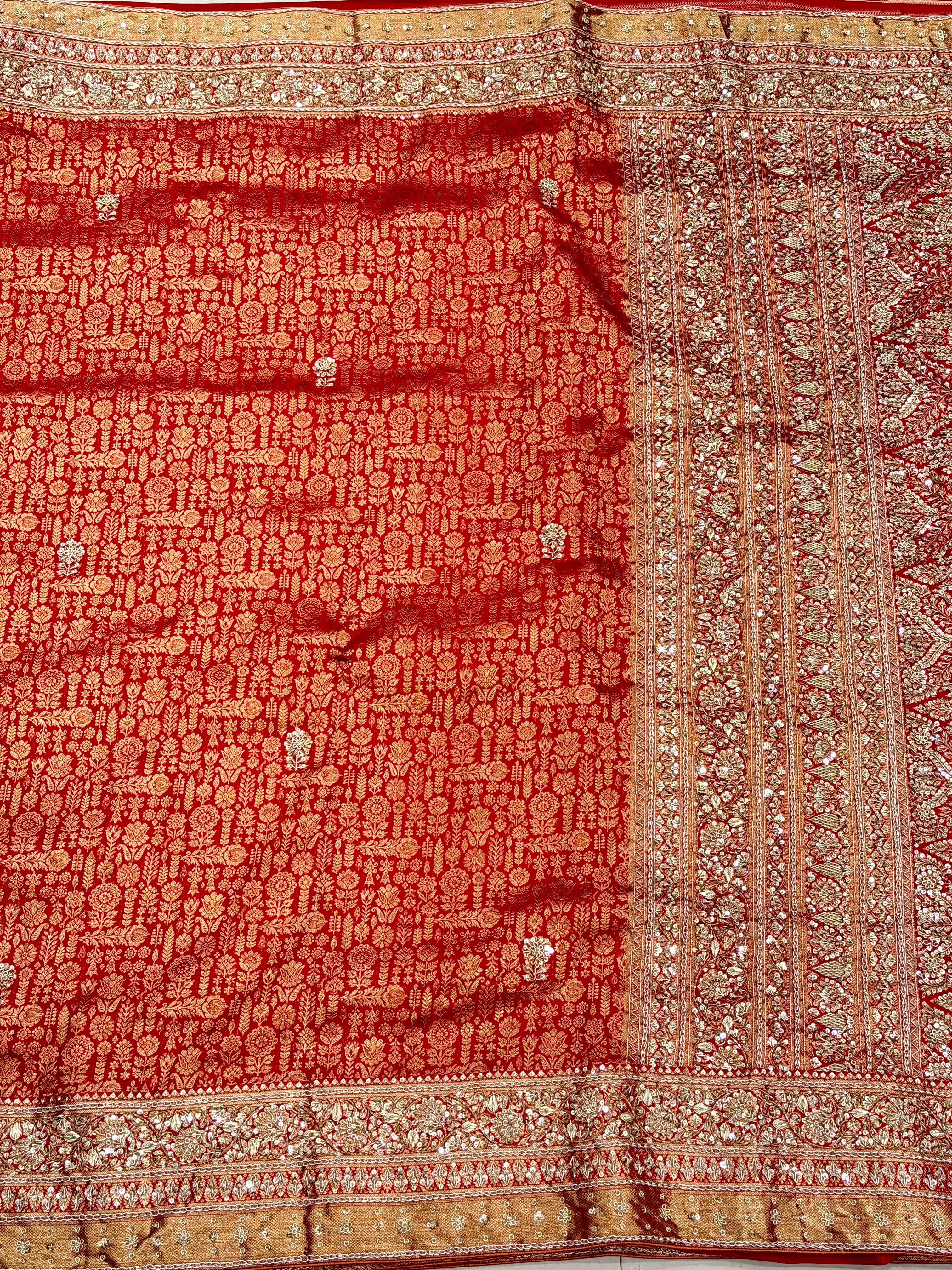 Red Pure Silk Kanjivaram Floral Zardosi Hand Embroidery Saree