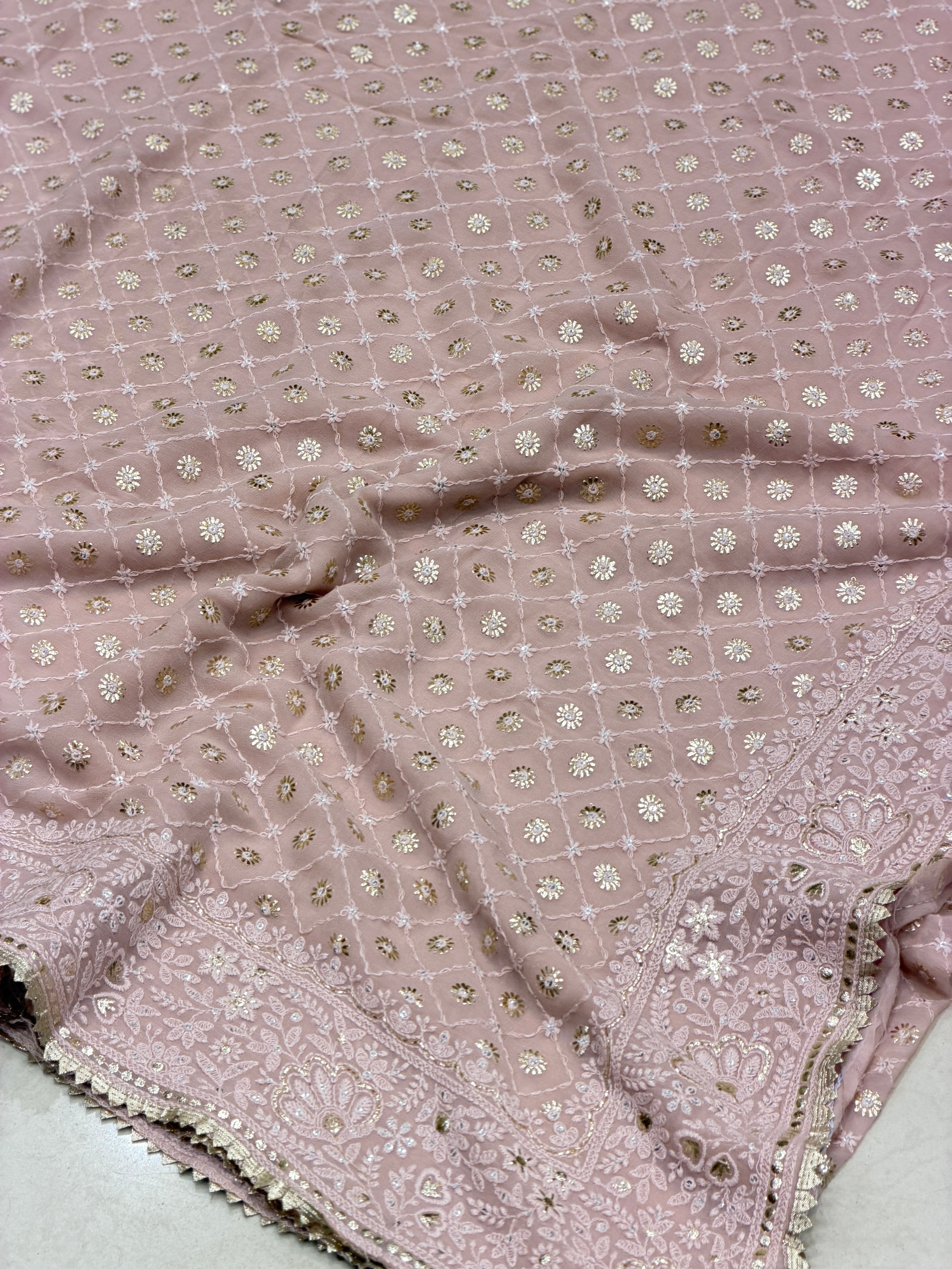 Nude Pink Georgette Chikankari Resham Saree
